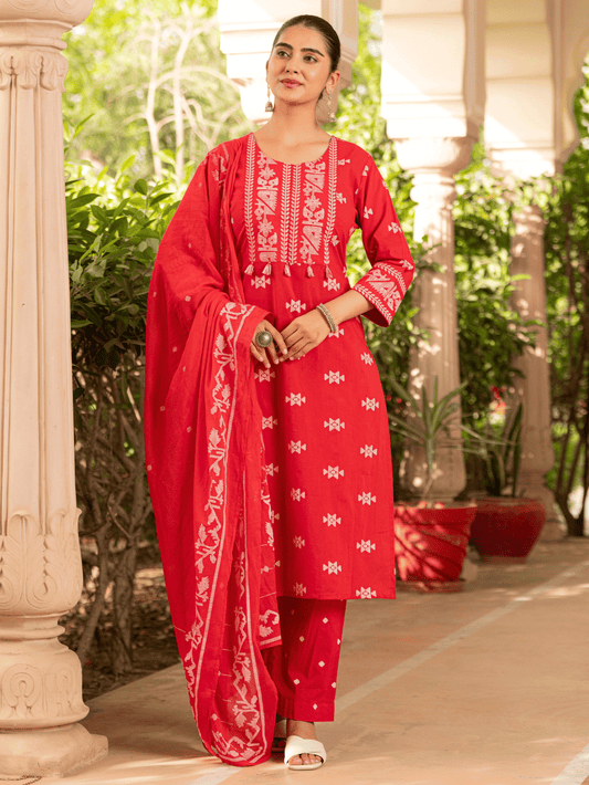 Cotton Voile Geometric Red Dupatta