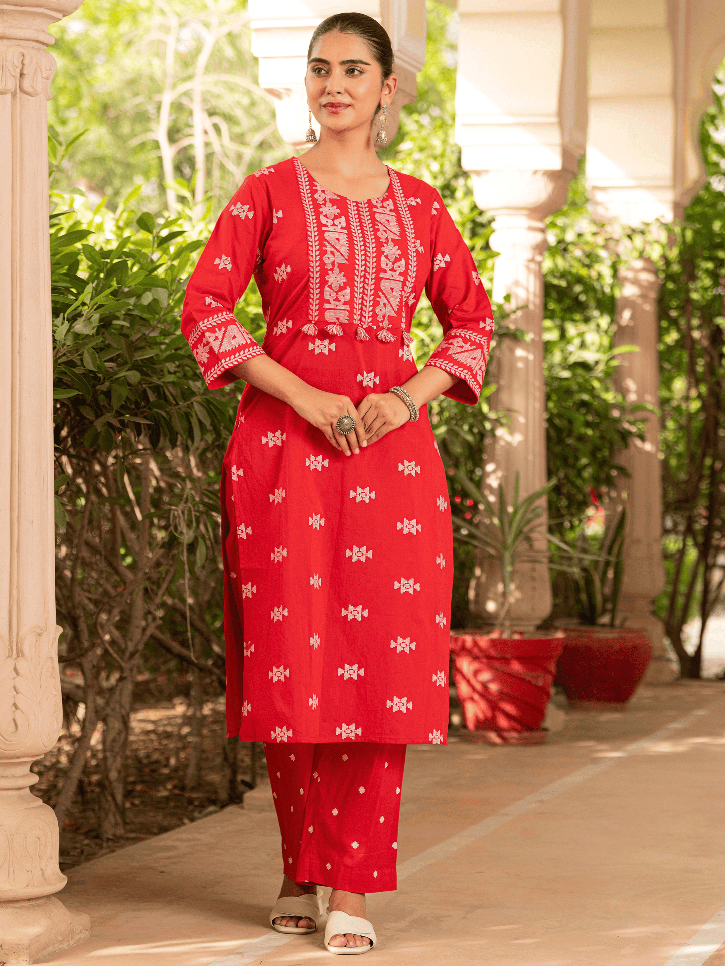 Soft Cotton Geometric Straight Red Kurta