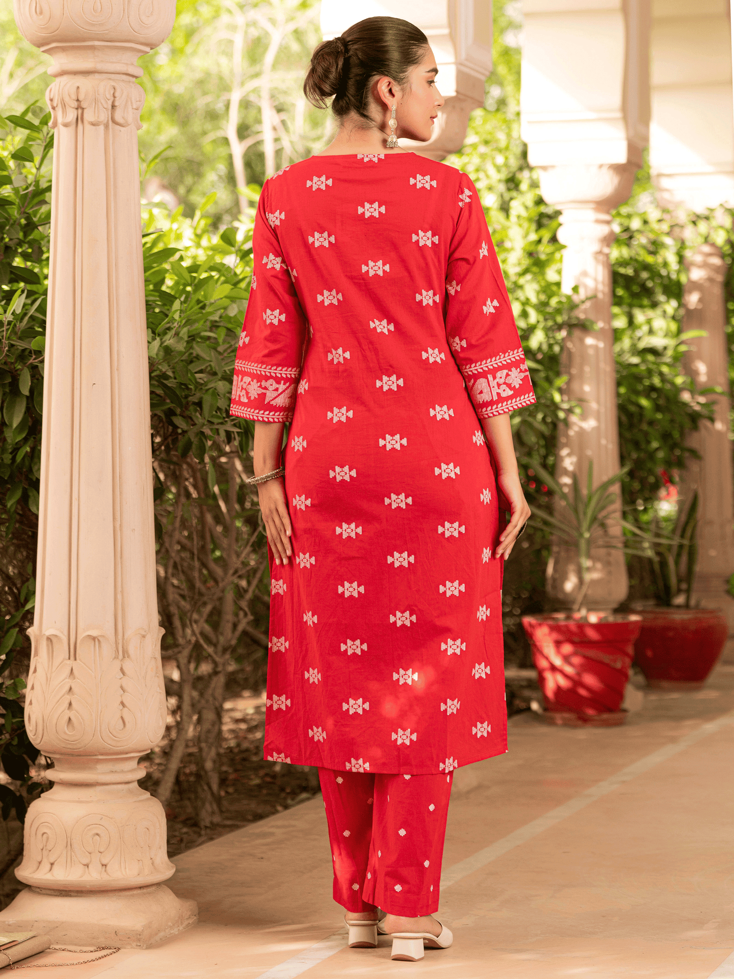 Soft Cotton Geometric Straight Red Kurta