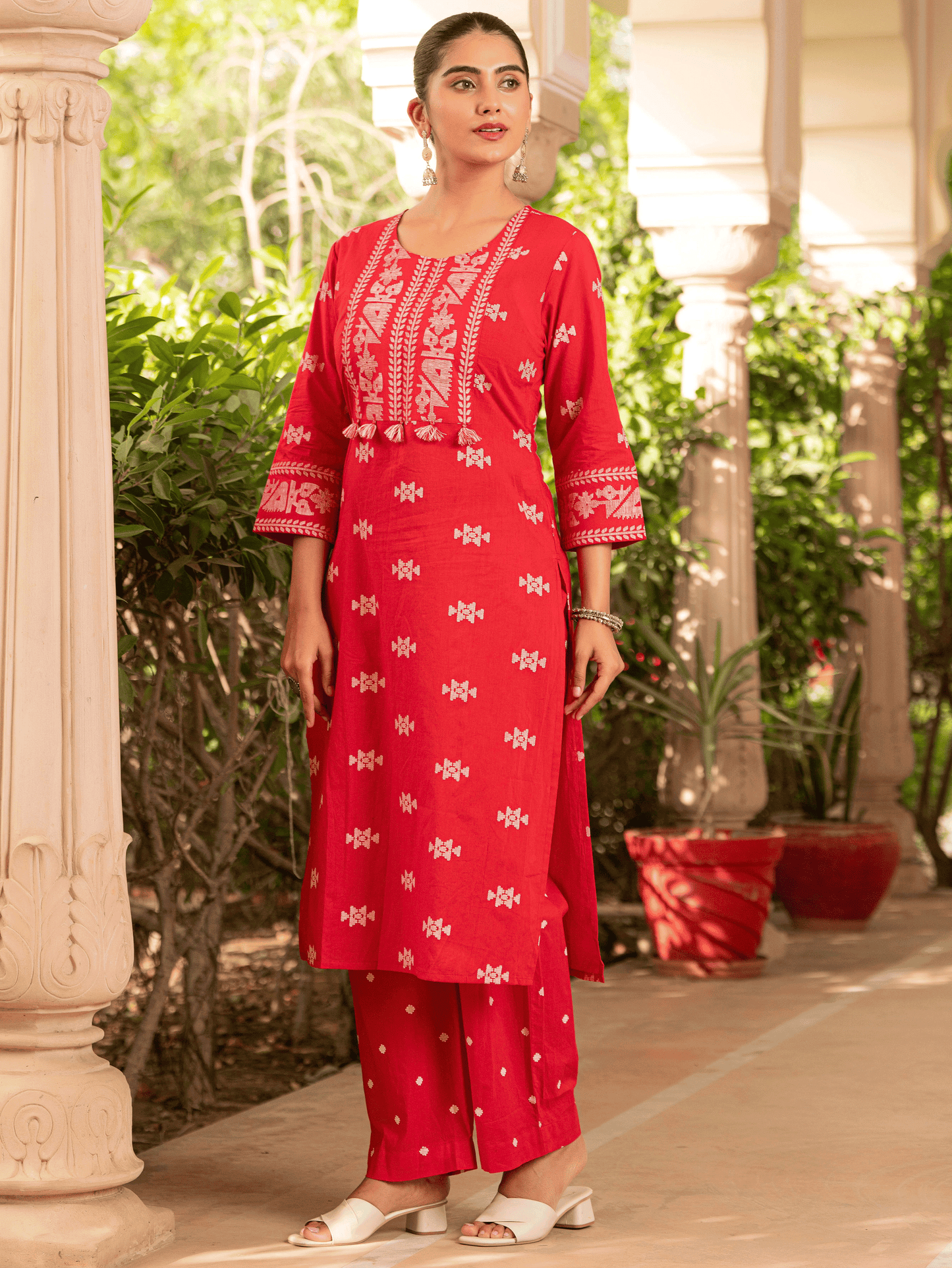Soft Cotton Geometric Straight Red Kurta