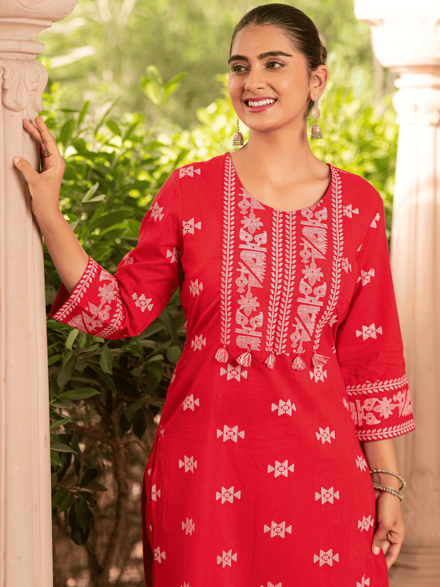 Soft Cotton Geometric Straight Red Kurta