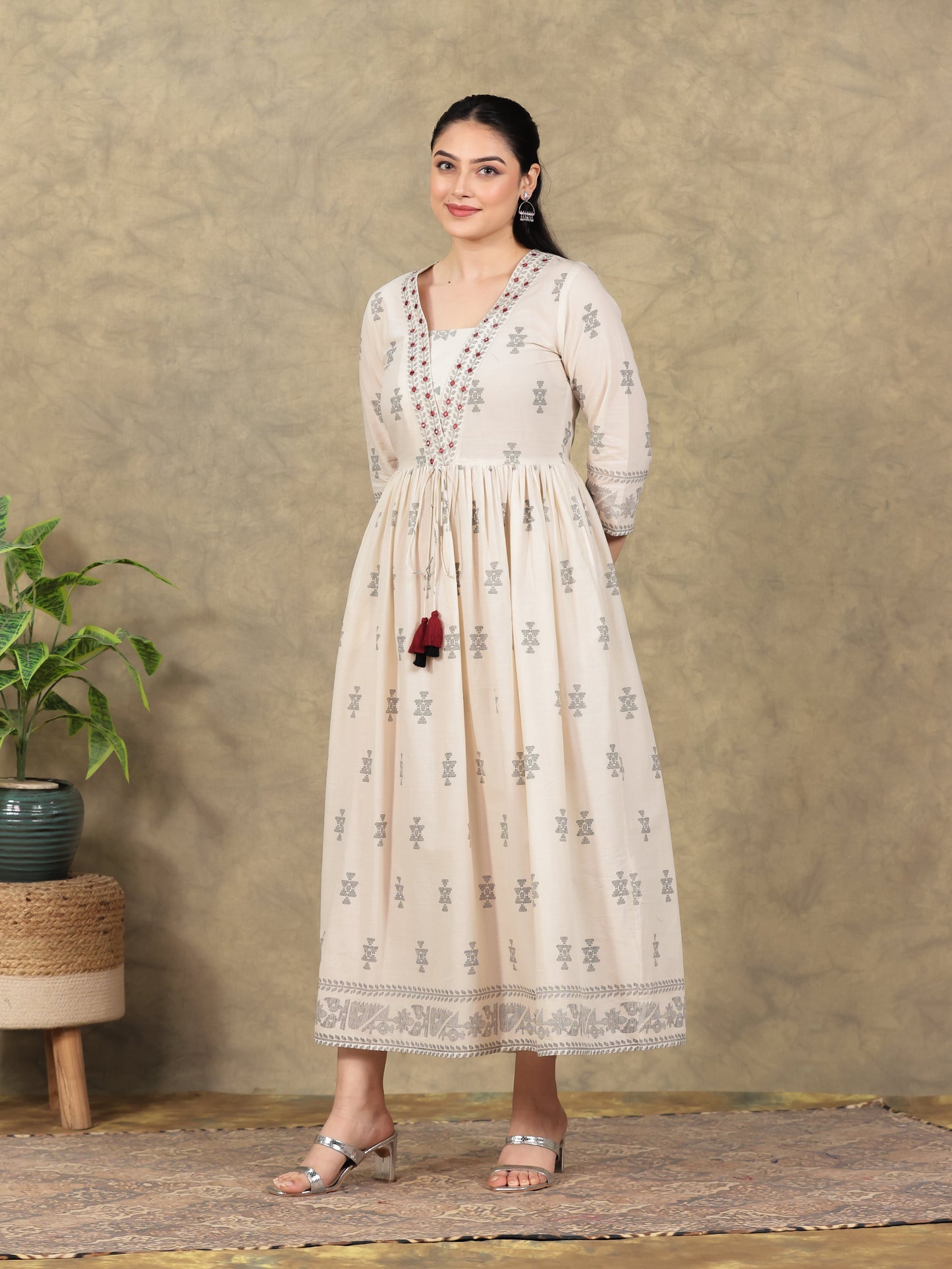 Embroidered Soft Cotton Geometric Anarkali Cream Dress