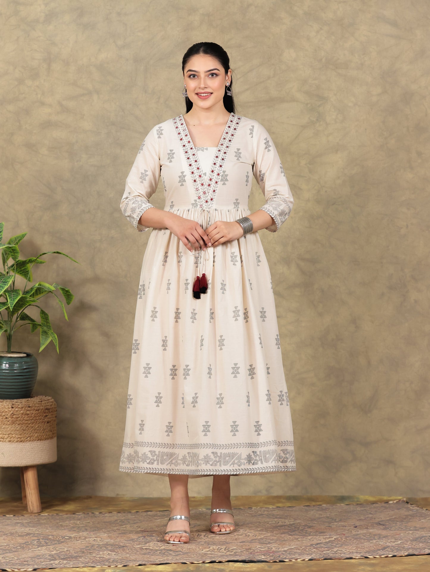 Embroidered Soft Cotton Geometric Anarkali Cream Dress