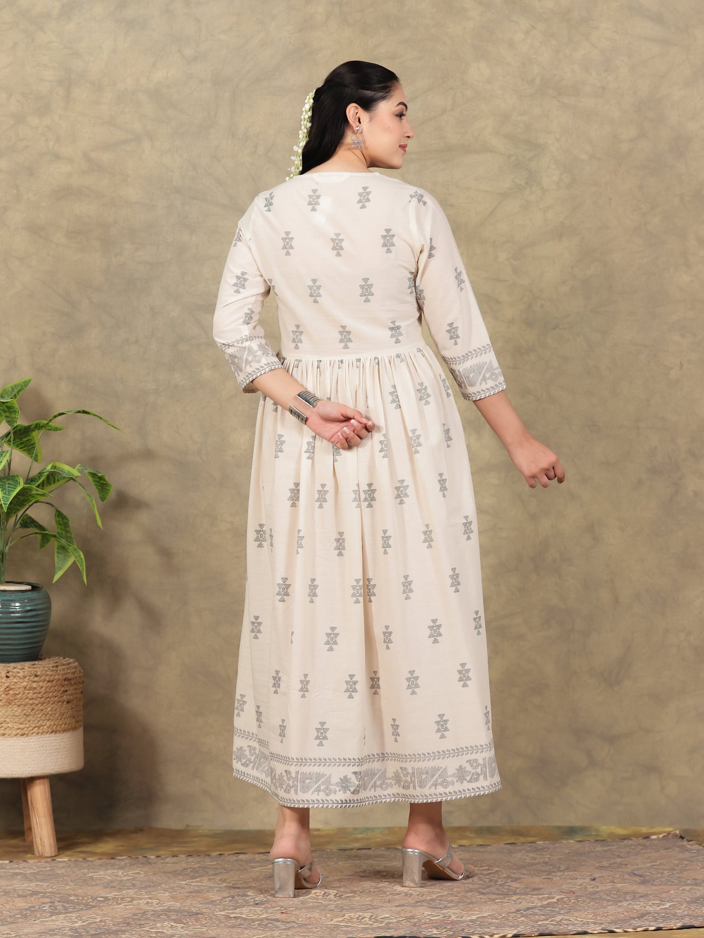Embroidered Soft Cotton Geometric Anarkali Cream Dress