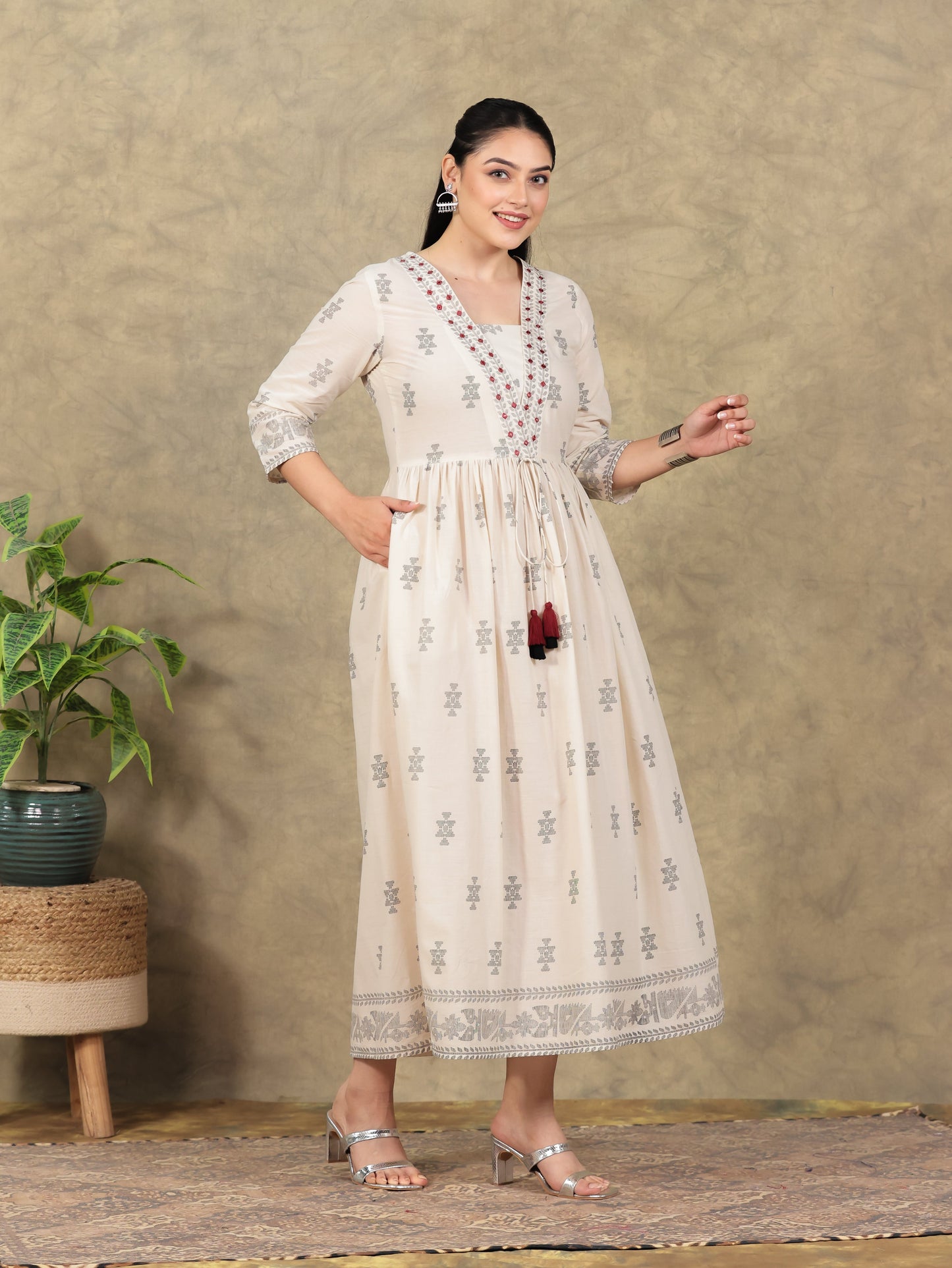 Embroidered Soft Cotton Geometric Anarkali Cream Dress