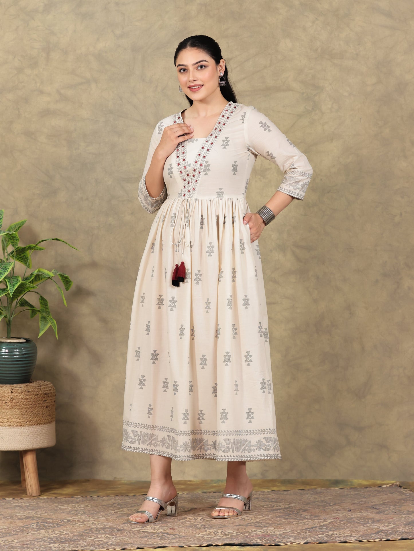 Embroidered Soft Cotton Geometric Anarkali Cream Dress