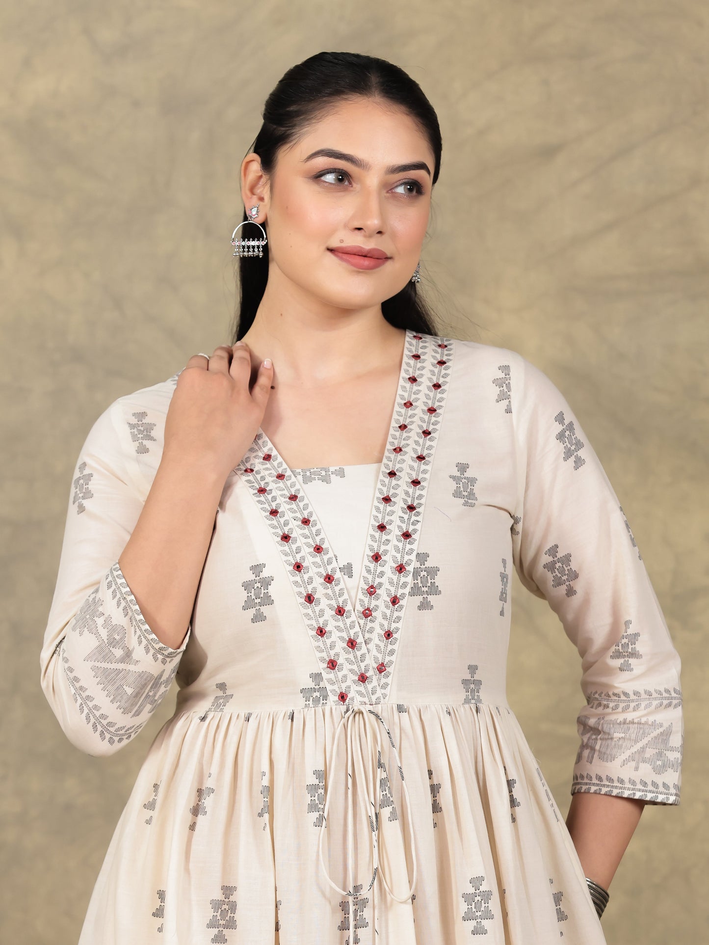 Embroidered Soft Cotton Geometric Anarkali Cream Dress