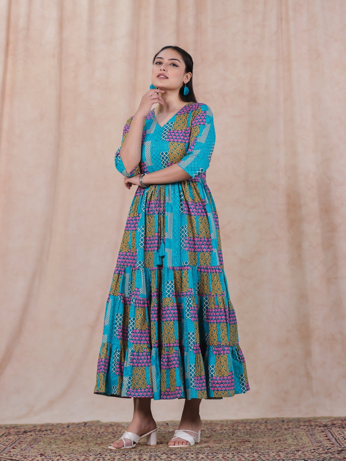 Soft Cotton Patchwork Anarkali Multicolor Dress