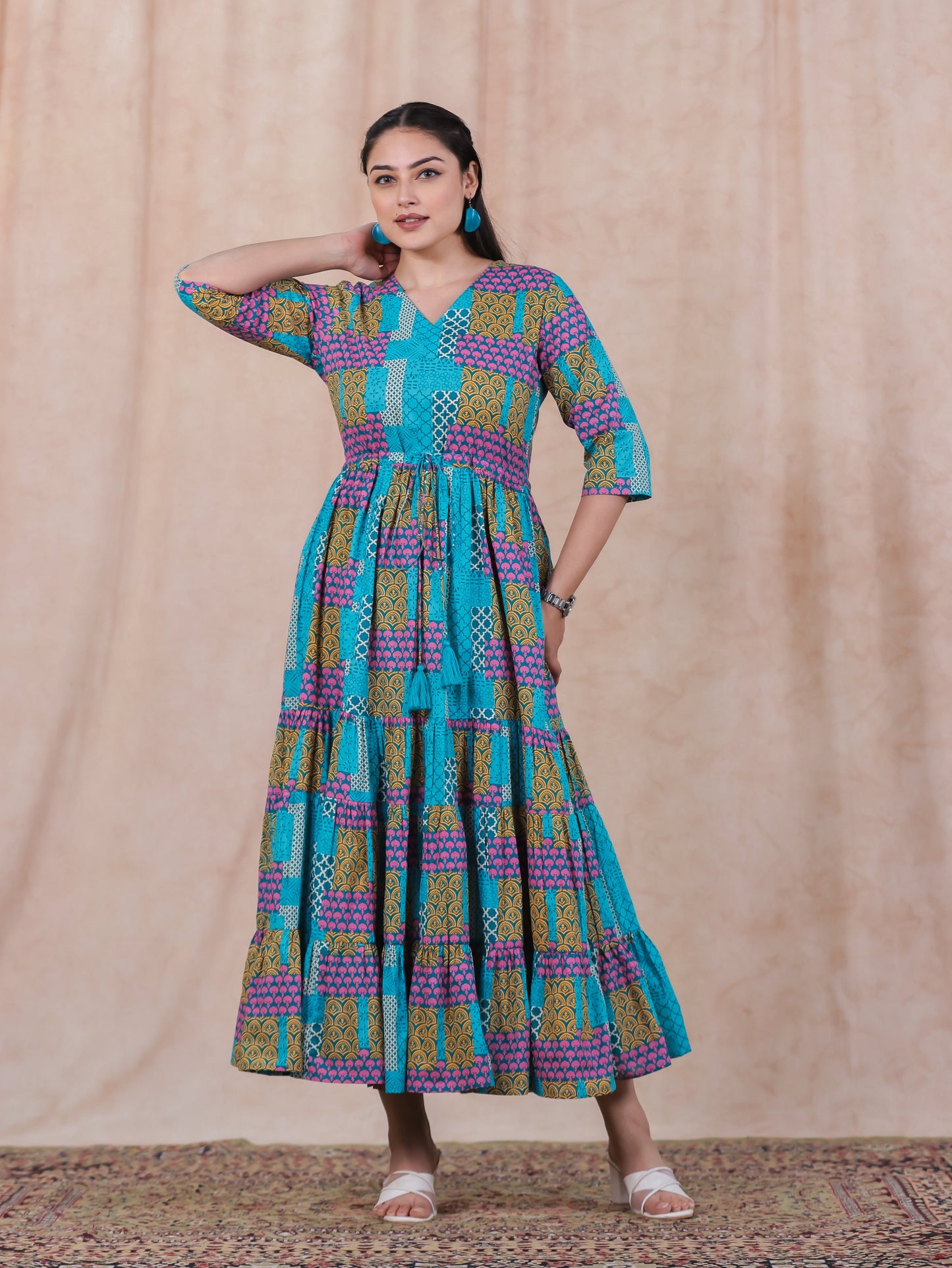 Soft Cotton Patchwork Anarkali Multicolor Dress