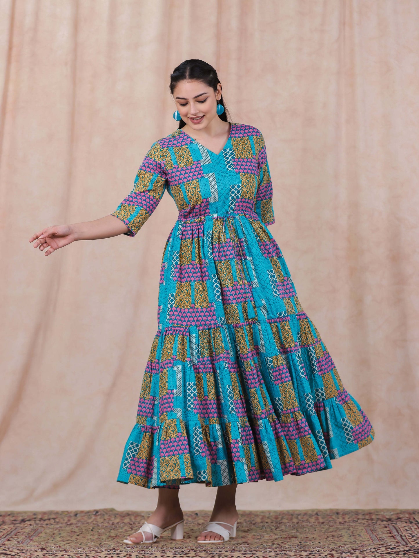 Soft Cotton Patchwork Anarkali Multicolor Dress