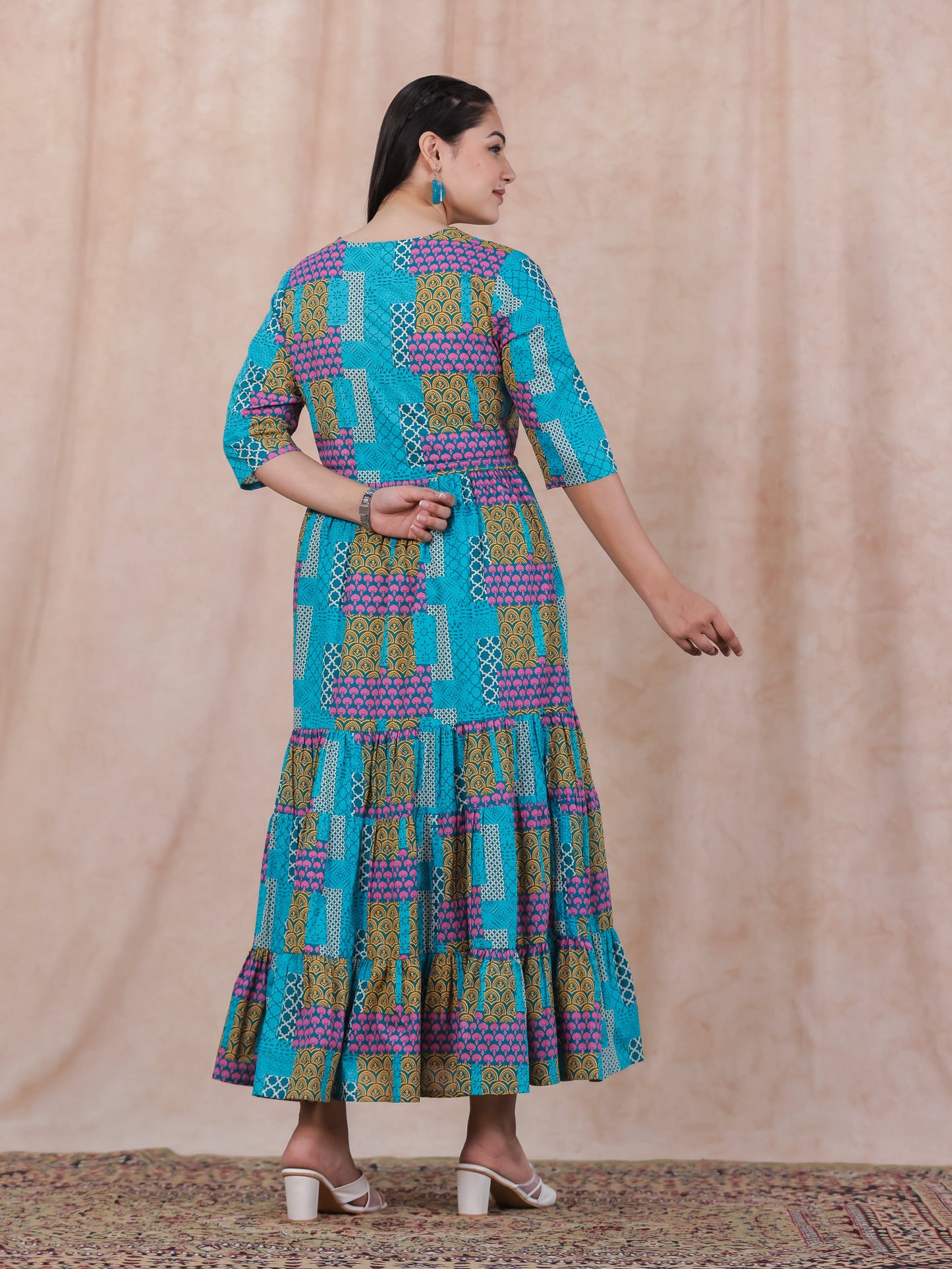 Soft Cotton Patchwork Anarkali Multicolor Dress
