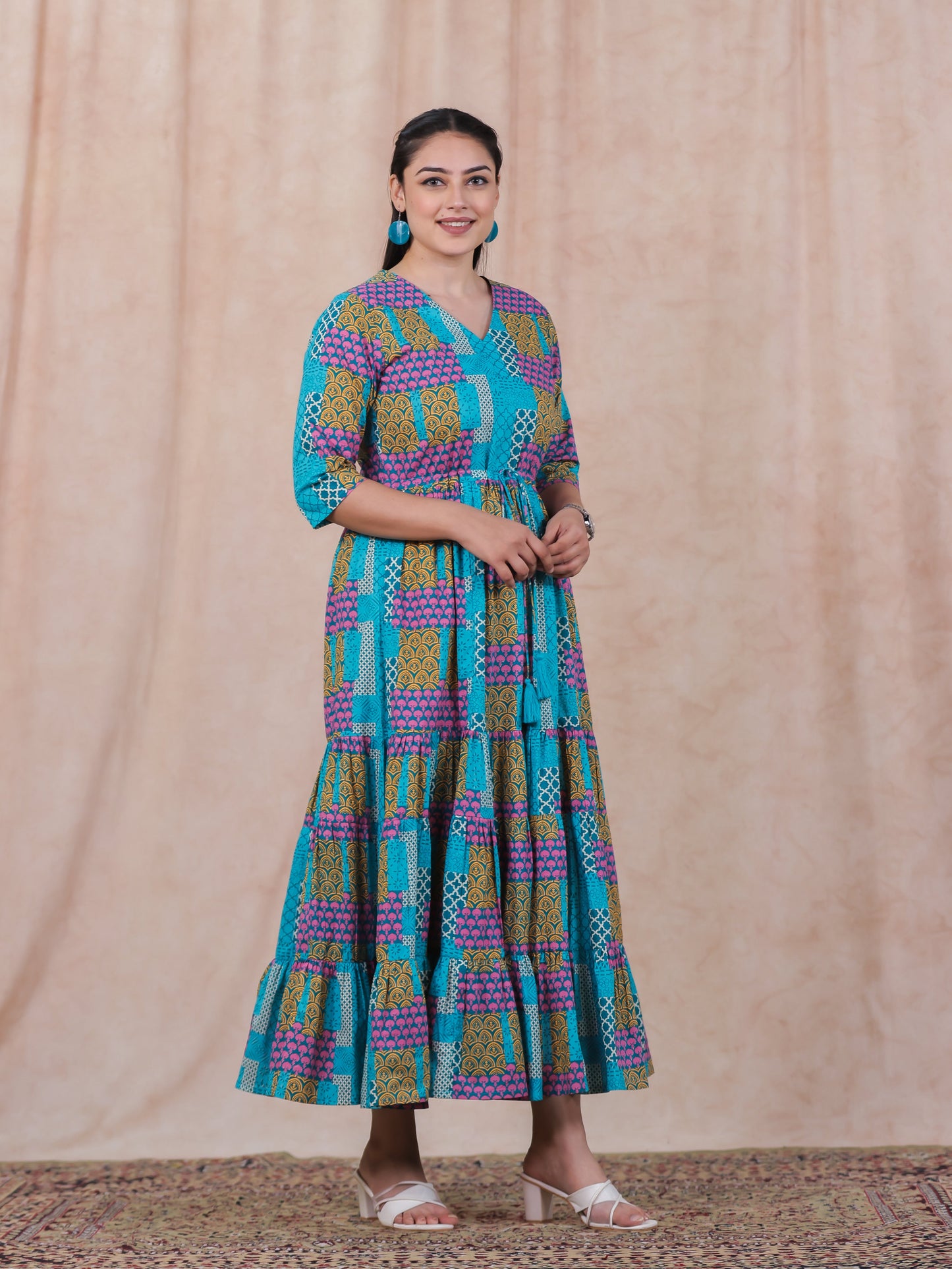 Soft Cotton Patchwork Anarkali Multicolor Dress