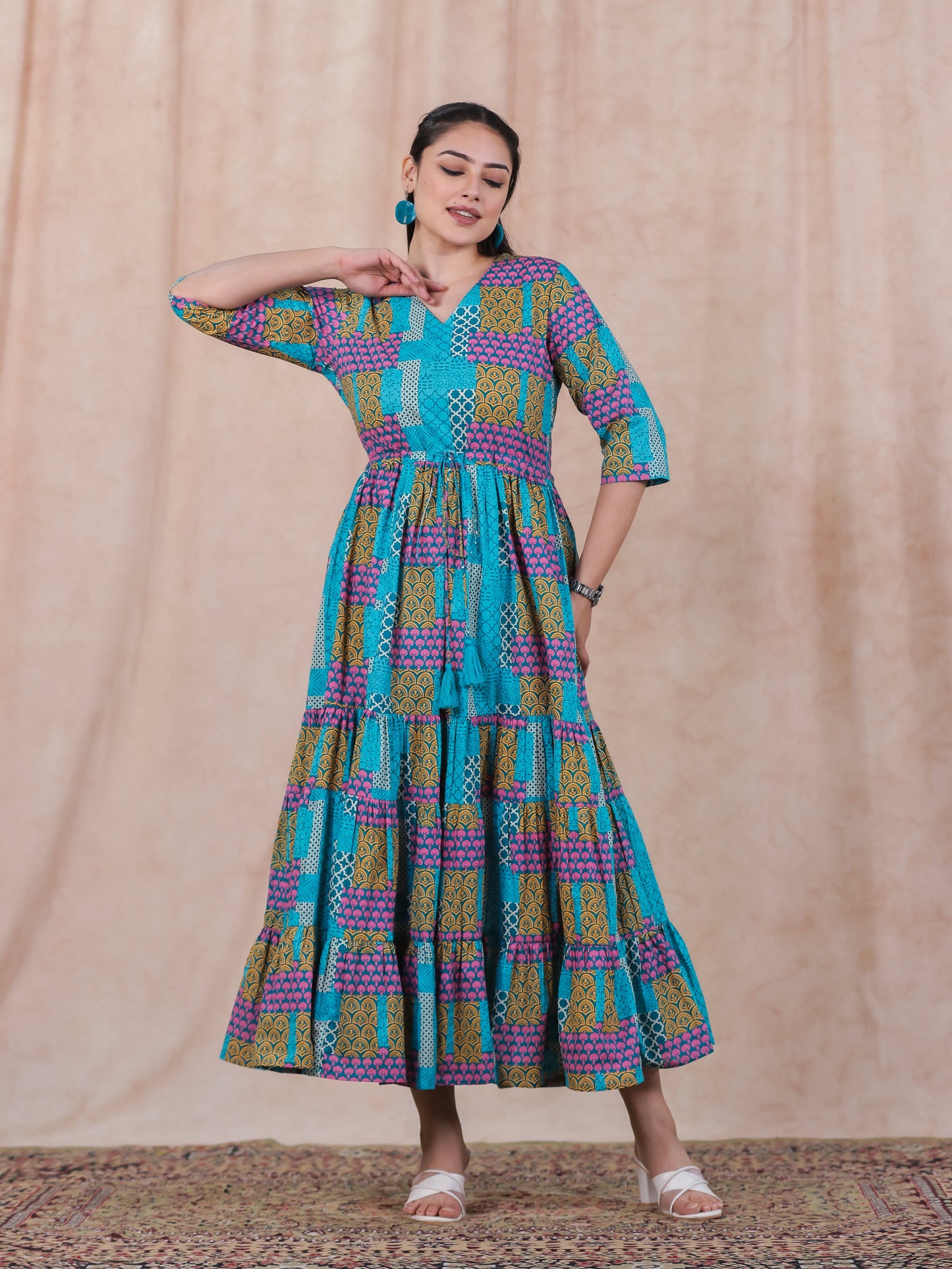 Soft Cotton Patchwork Anarkali Multicolor Dress