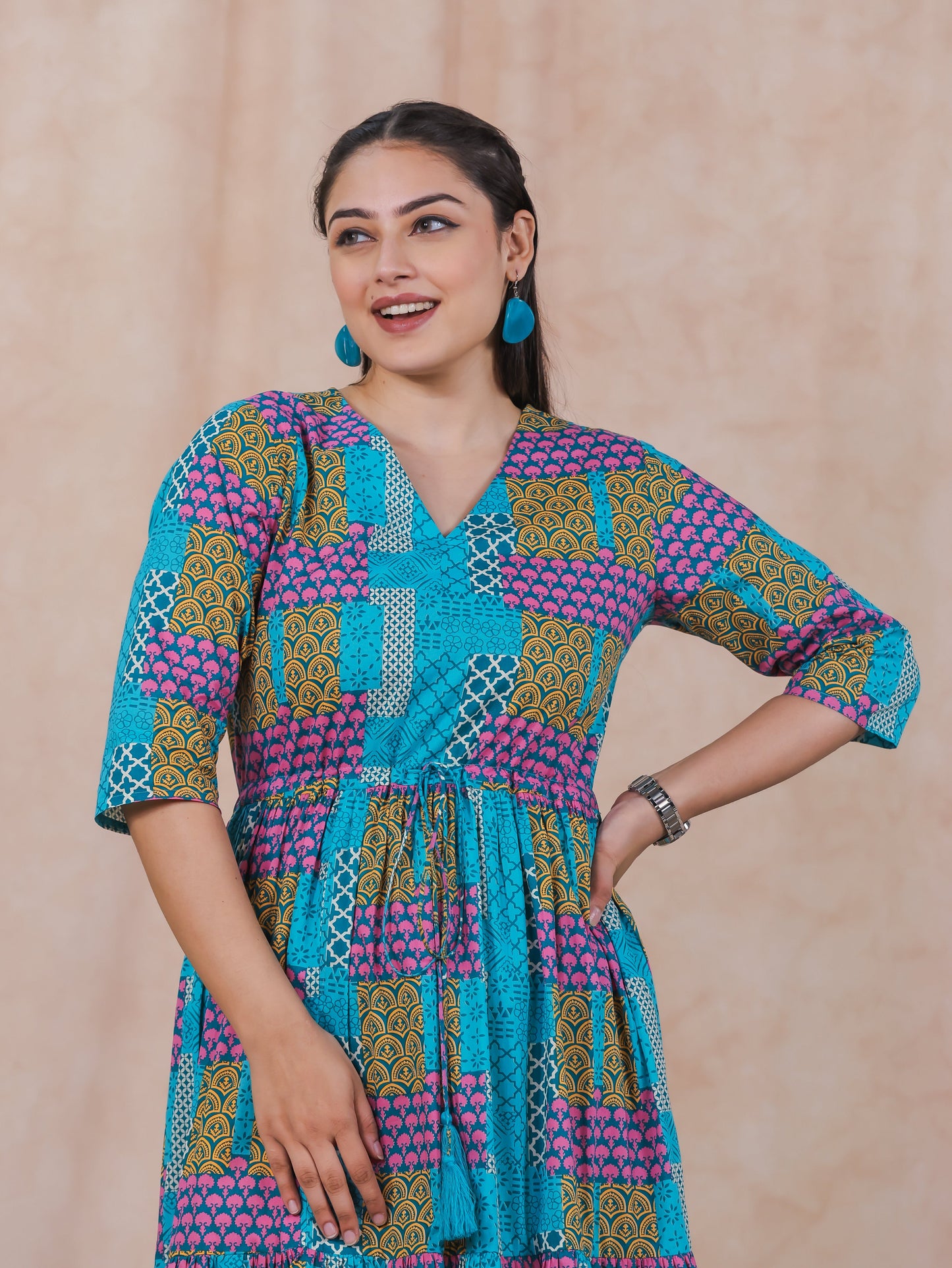 Soft Cotton Patchwork Anarkali Multicolor Dress
