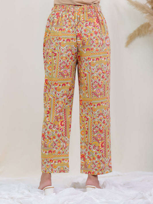Soft Cotton Patchwork Print Green Straight Trousers