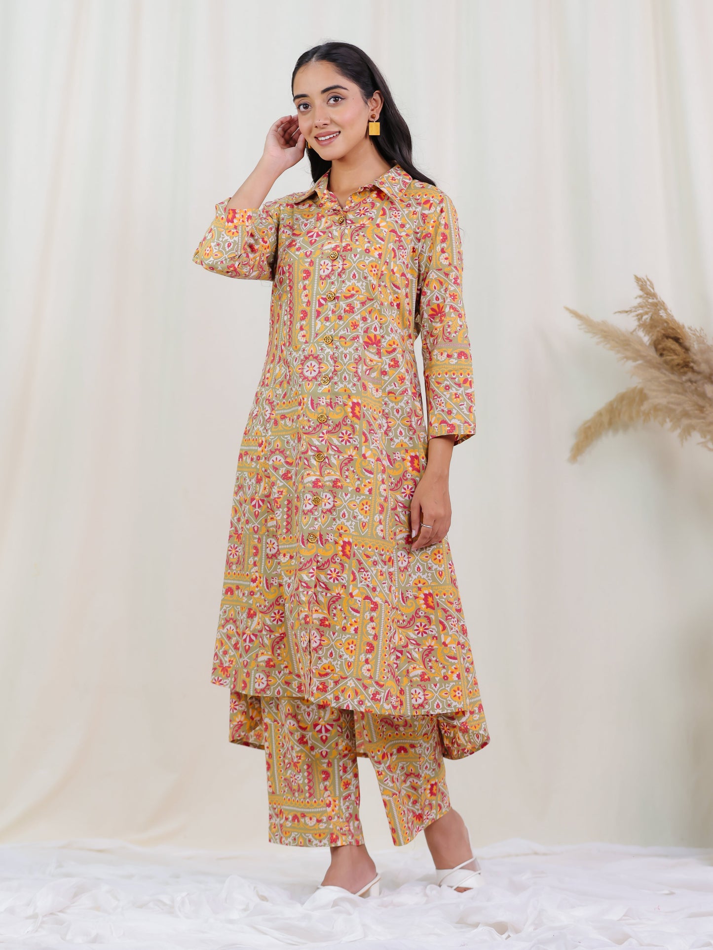 Soft Cotton Patchwork Print High Low Green Kurta