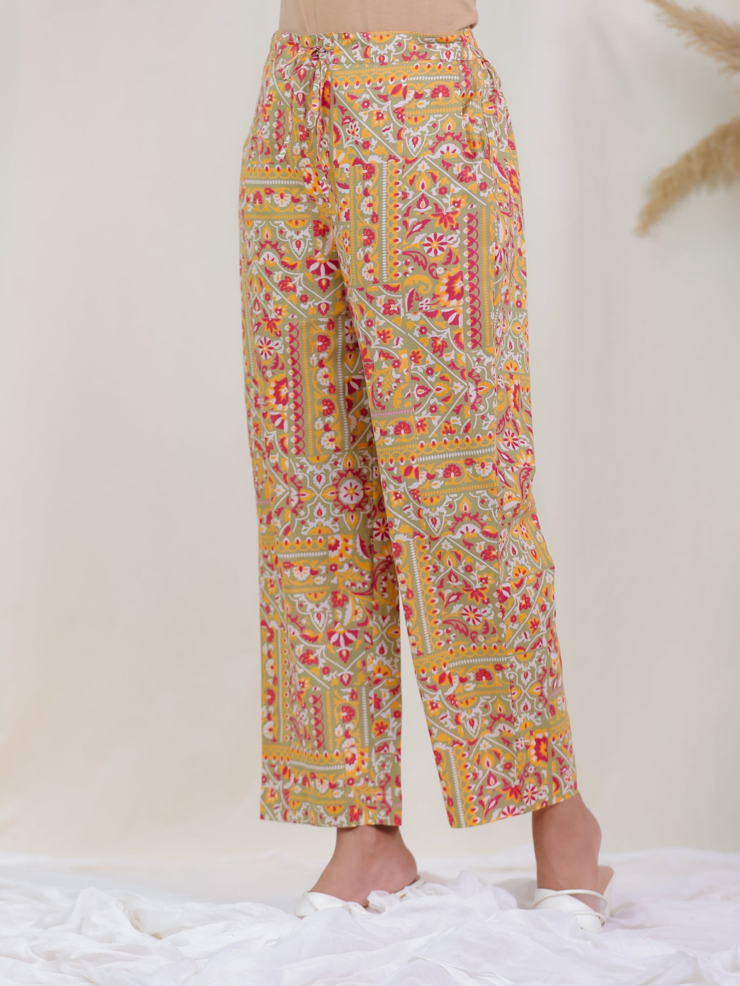 Soft Cotton Patchwork Print High Low Green Kurta