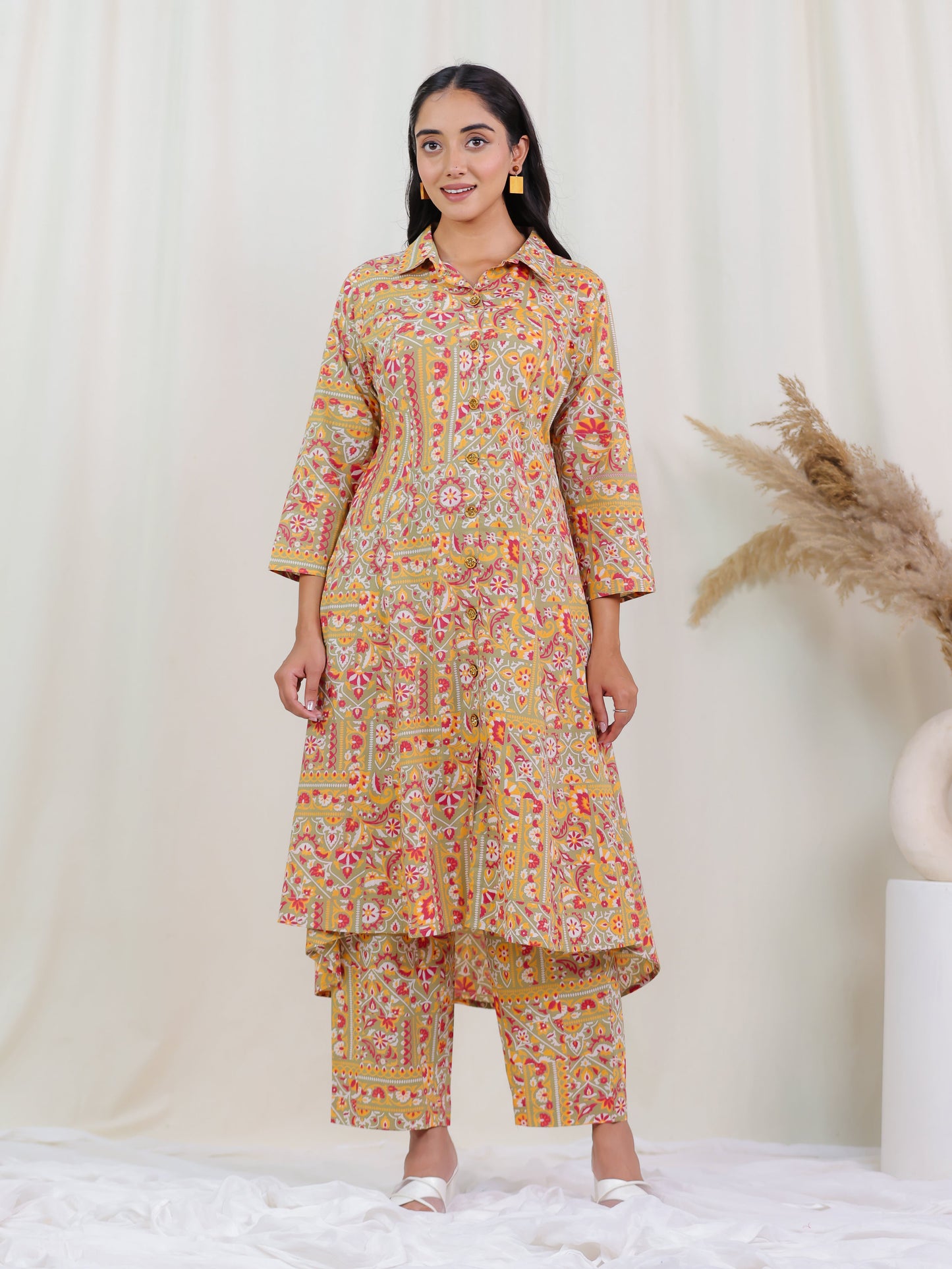 Soft Cotton Patchwork Print High Low Green Kurta