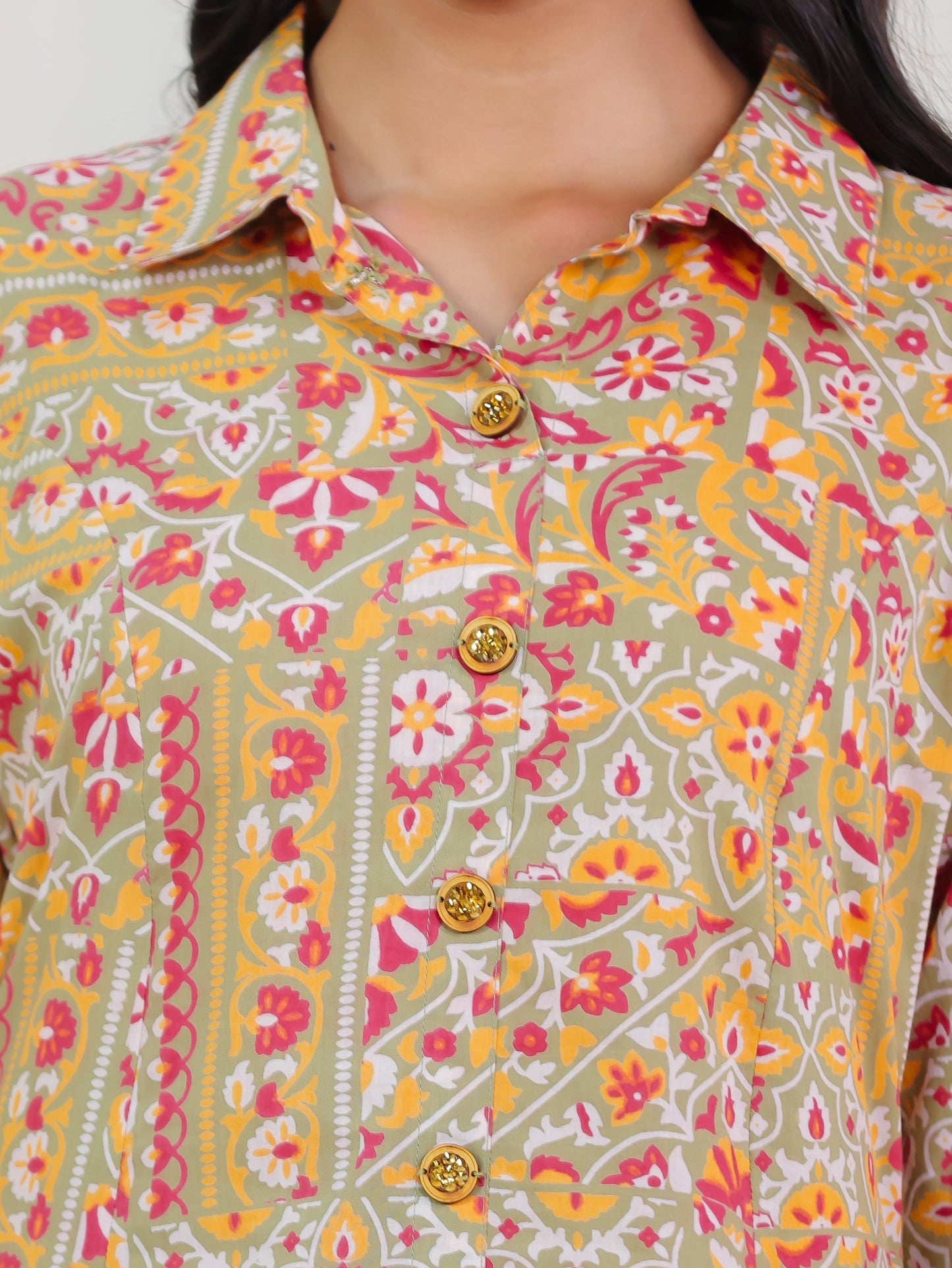 Soft Cotton Patchwork Print High Low Green Kurta