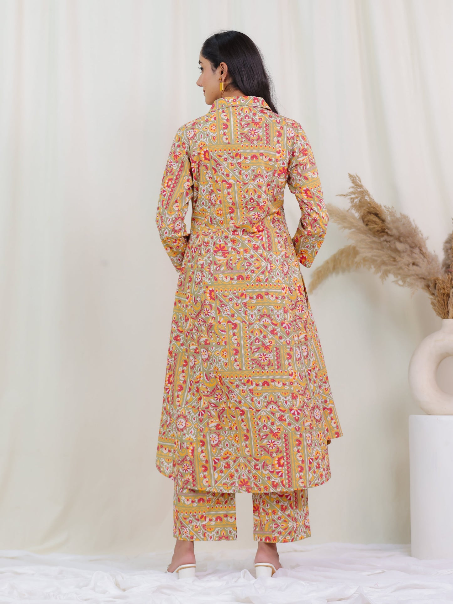 Soft Cotton Patchwork Print High Low Green Kurta