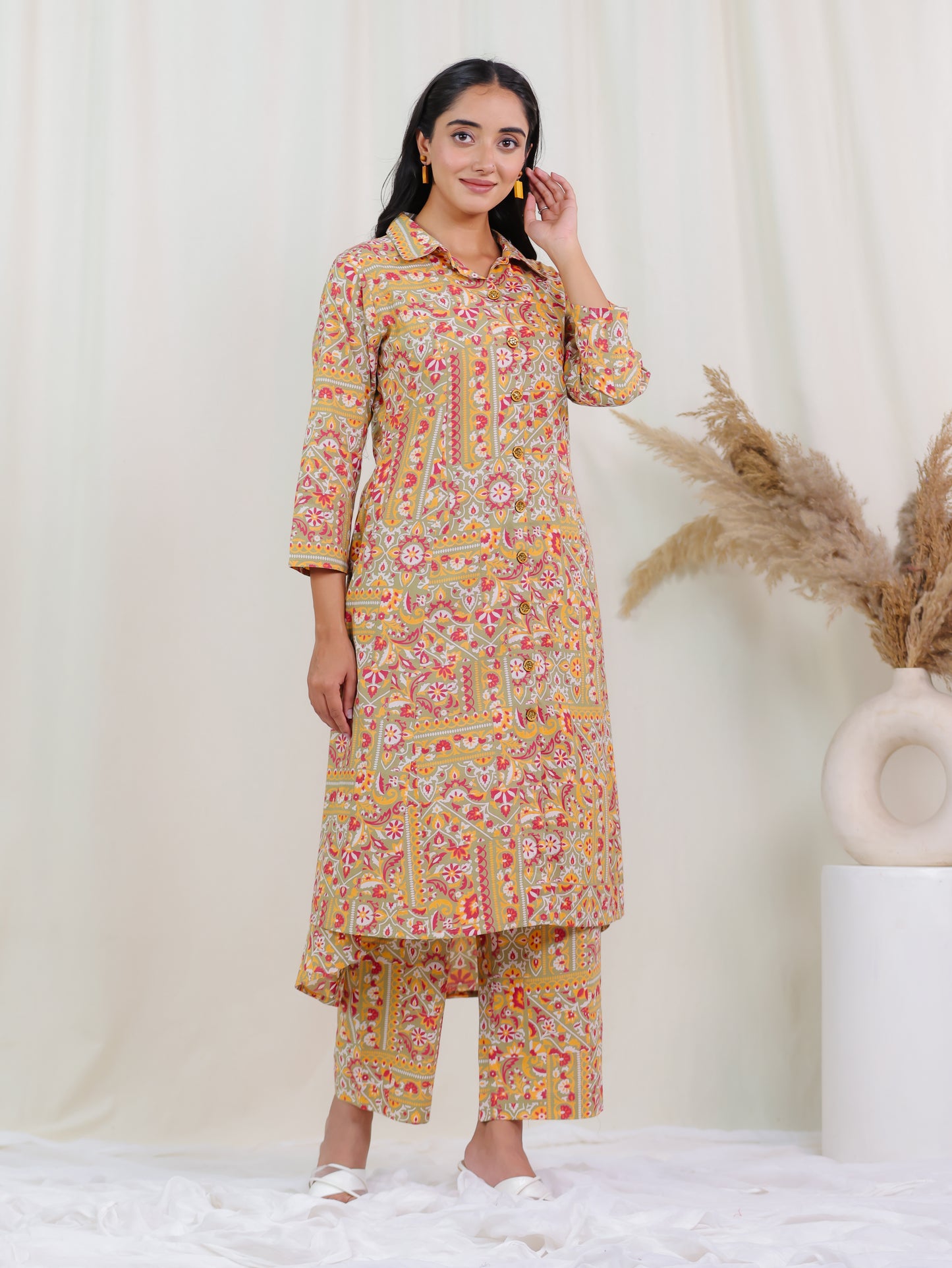 Soft Cotton Patchwork Print High Low Green Kurta