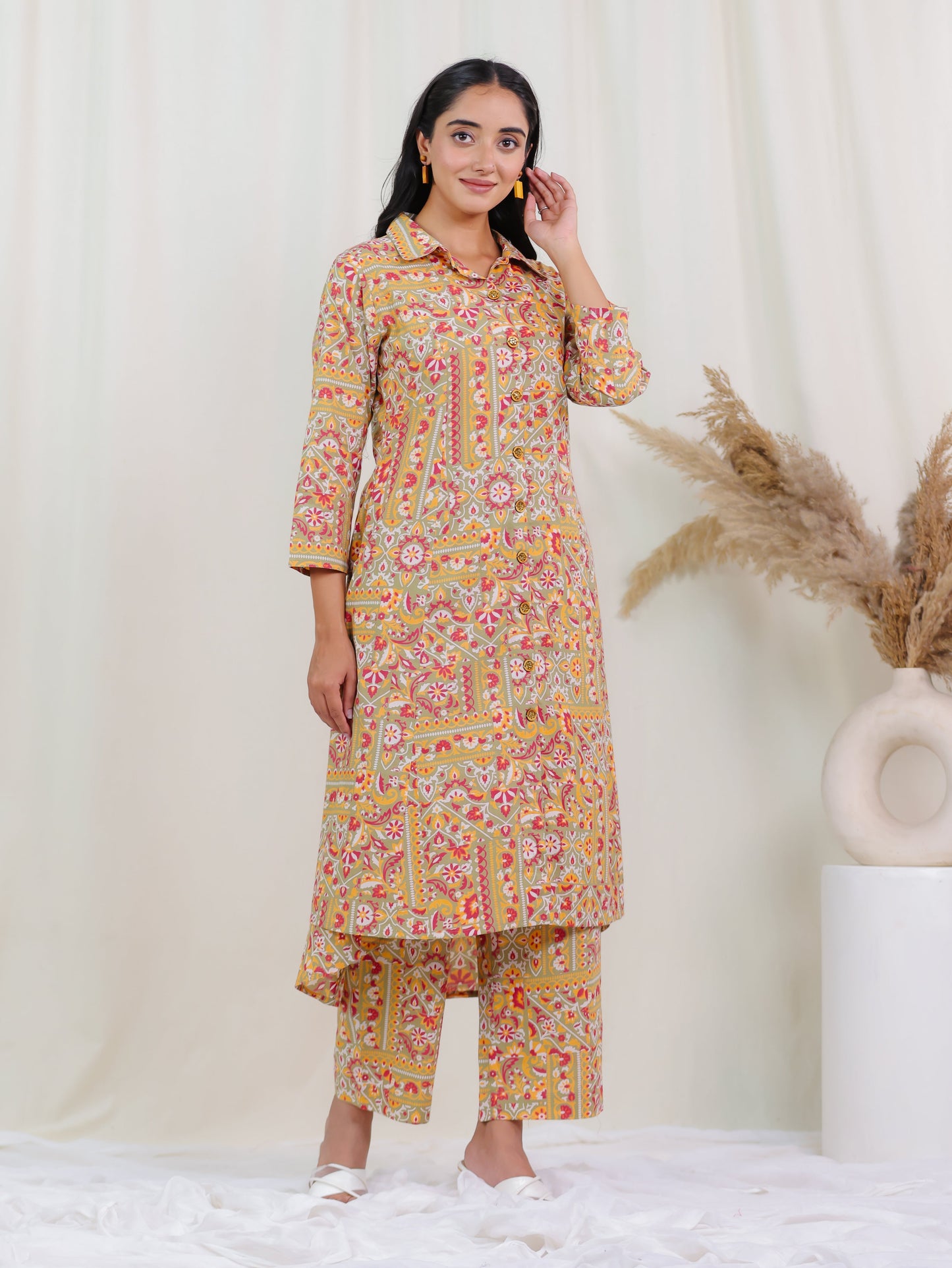 Soft Cotton Patchwork Print High Low Green Kurta