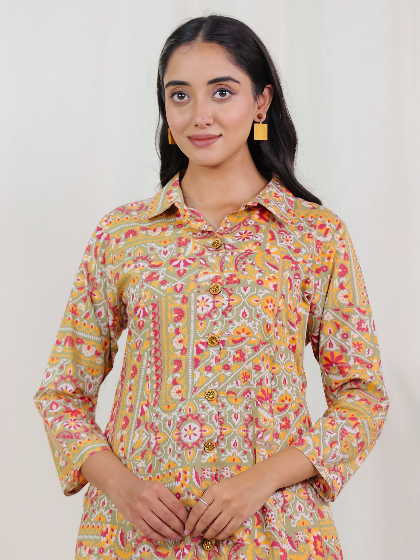 Soft Cotton Patchwork Print High Low Green Kurta