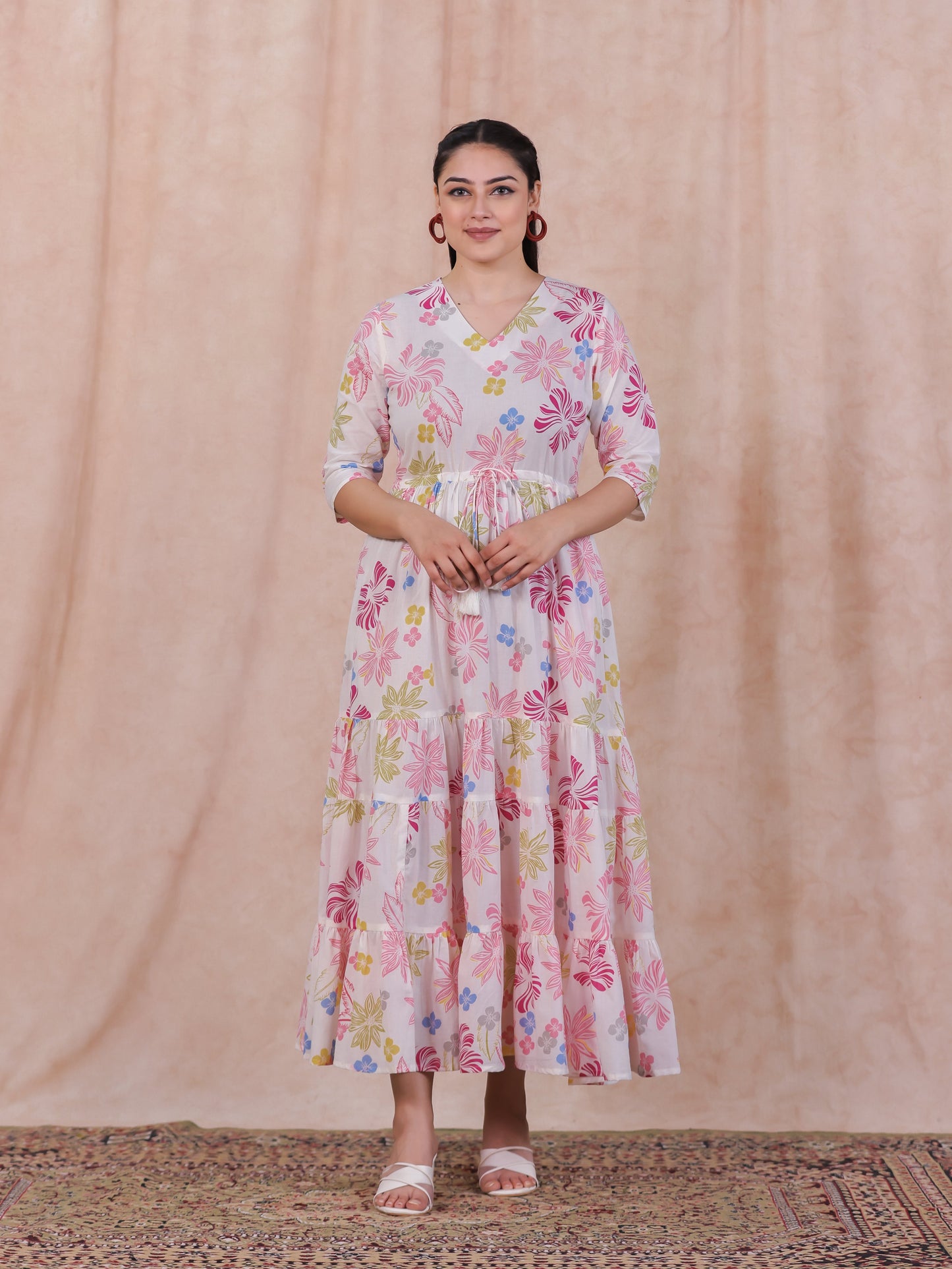 Soft Cotton Floral Anarkali Off White Dress