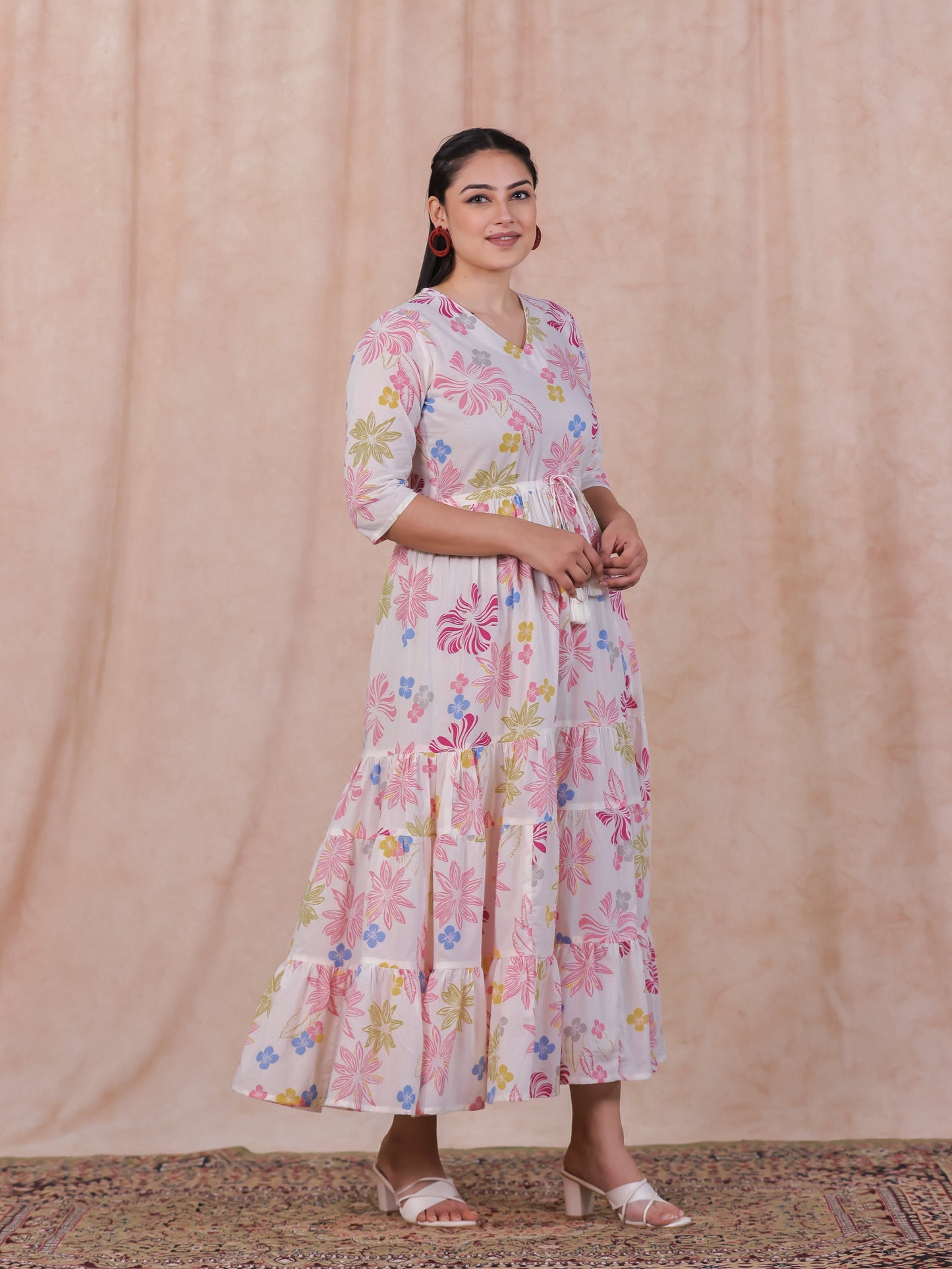Soft Cotton Floral Anarkali Off White Dress