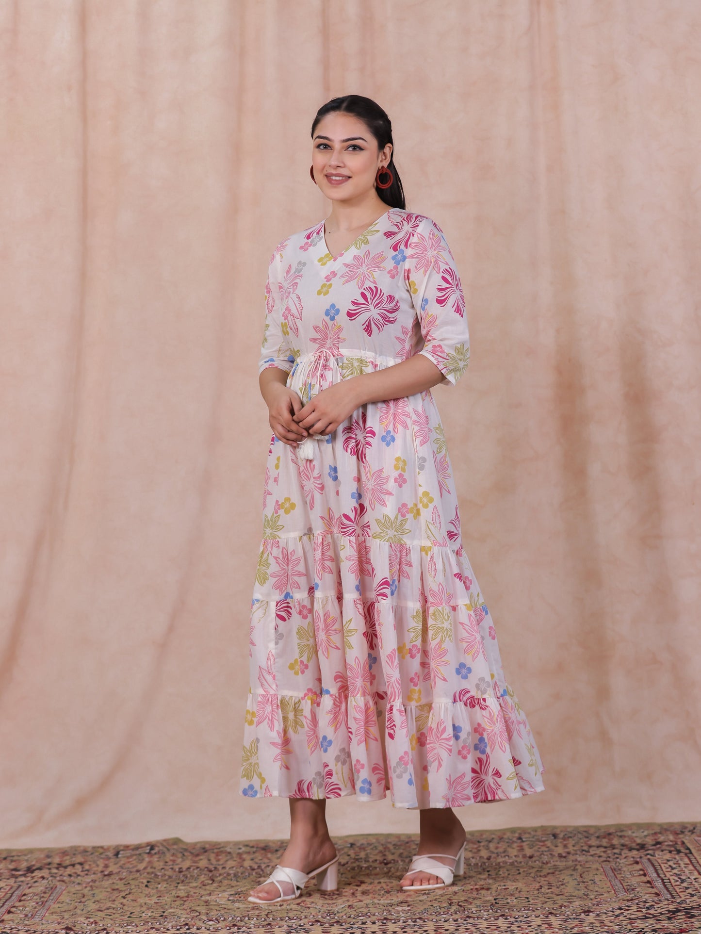 Soft Cotton Floral Anarkali Off White Dress