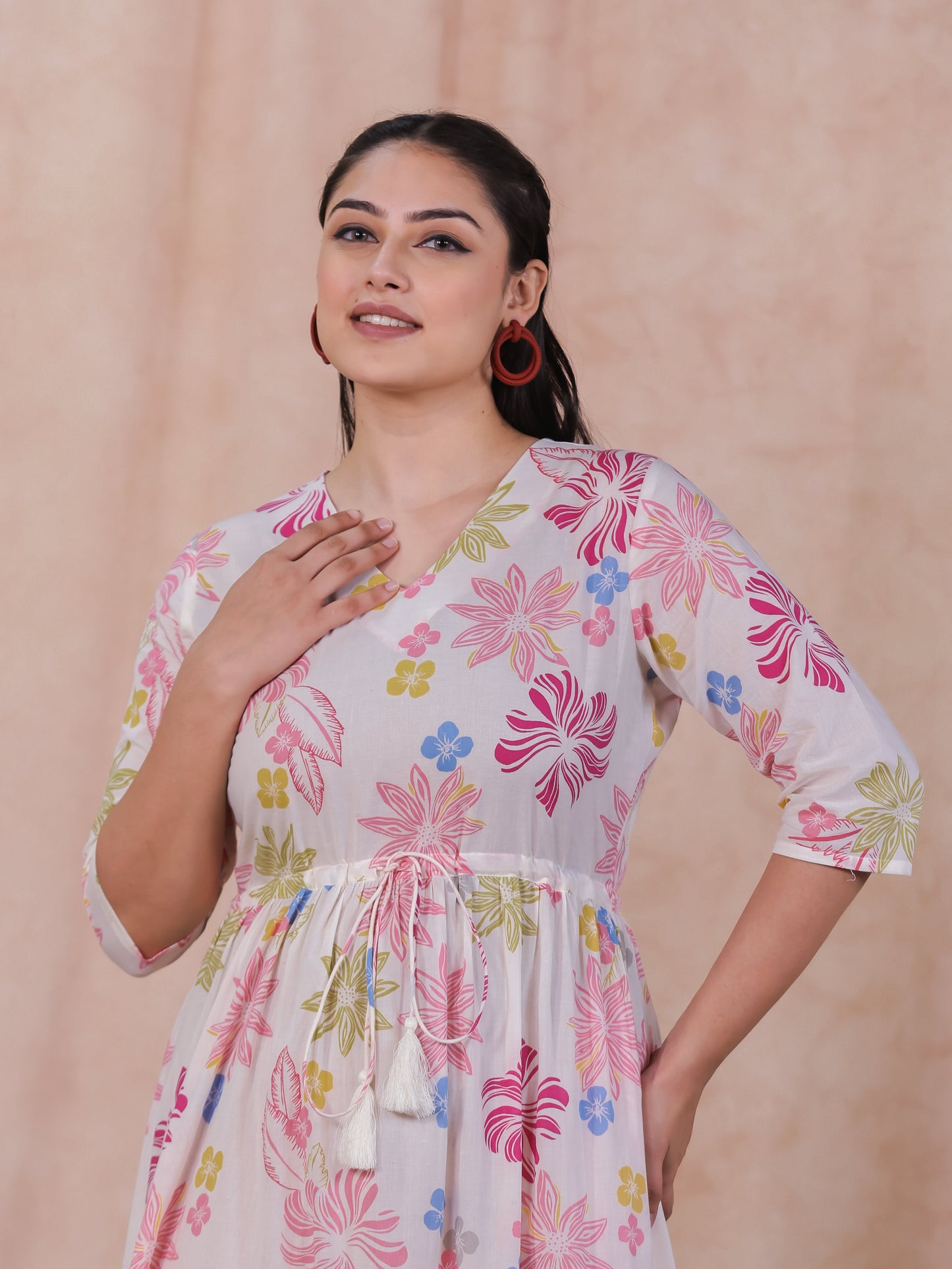 Soft Cotton Floral Anarkali Off White Dress