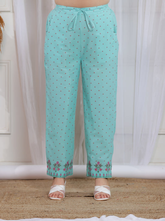 Soft Cotton Floral Mint Green Straight Trousers