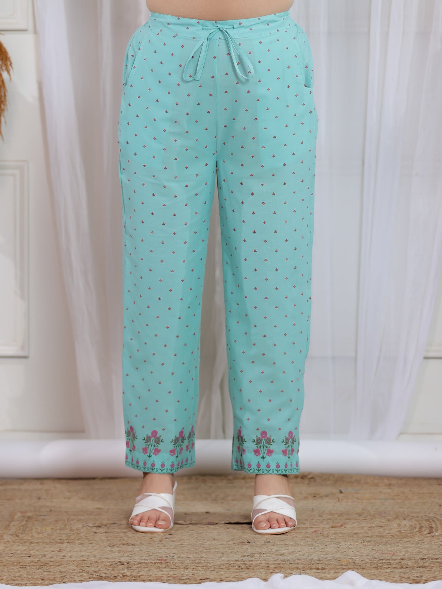 Soft Cotton Floral Mint Green Straight Trousers