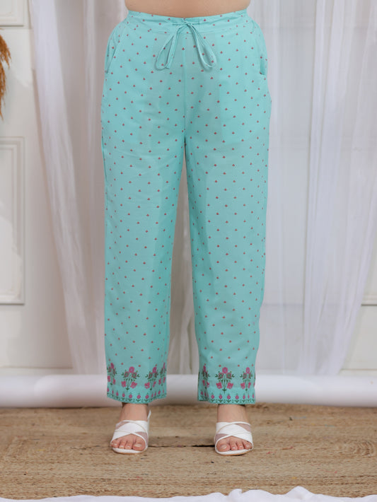 Soft Cotton Floral Mint Green Straight Trousers