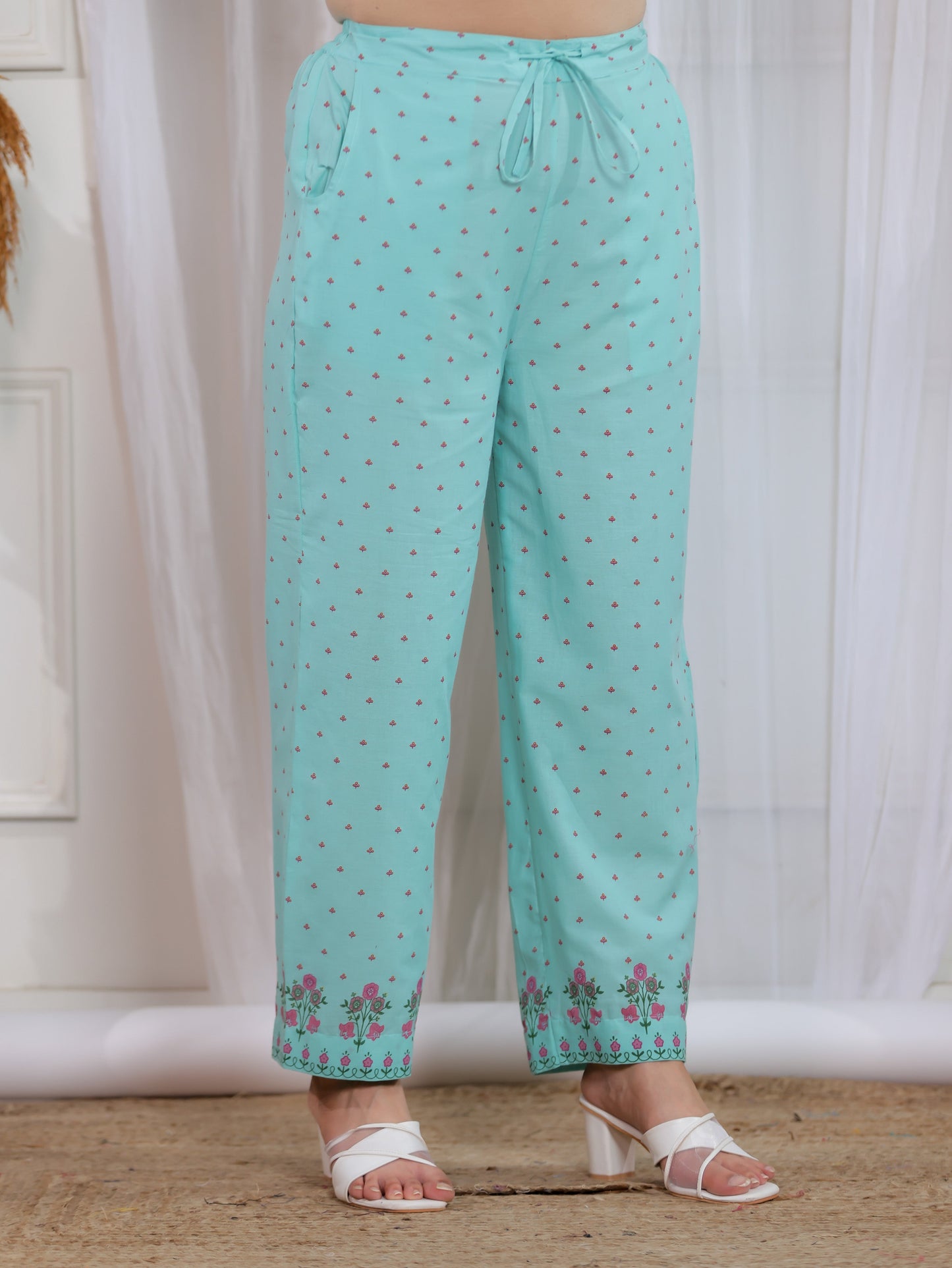 Soft Cotton Floral Mint Green Straight Trousers