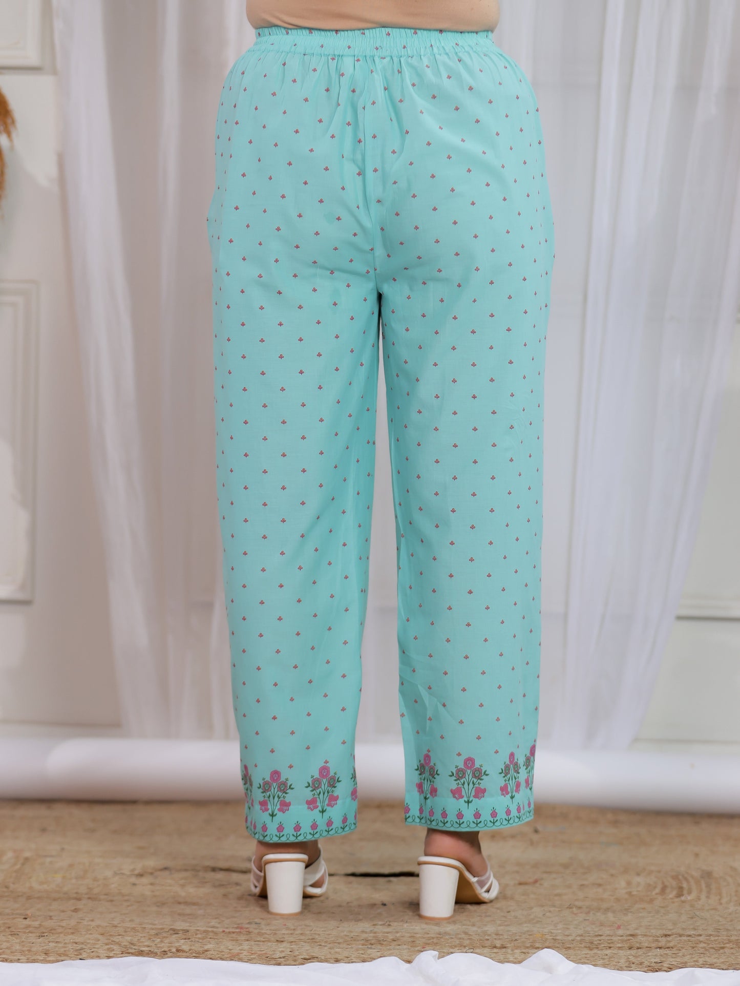 Soft Cotton Floral Mint Green Straight Trousers