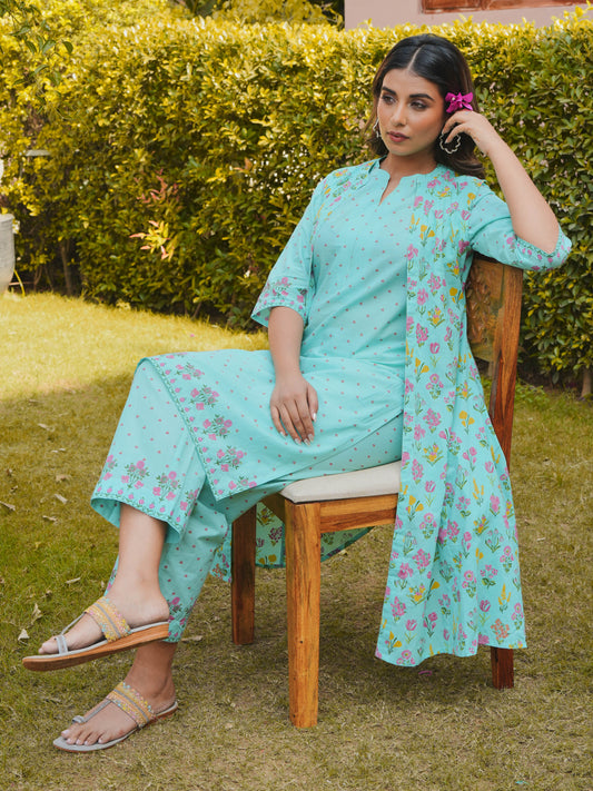 Soft Cotton Floral Straight Mint Green Kurta