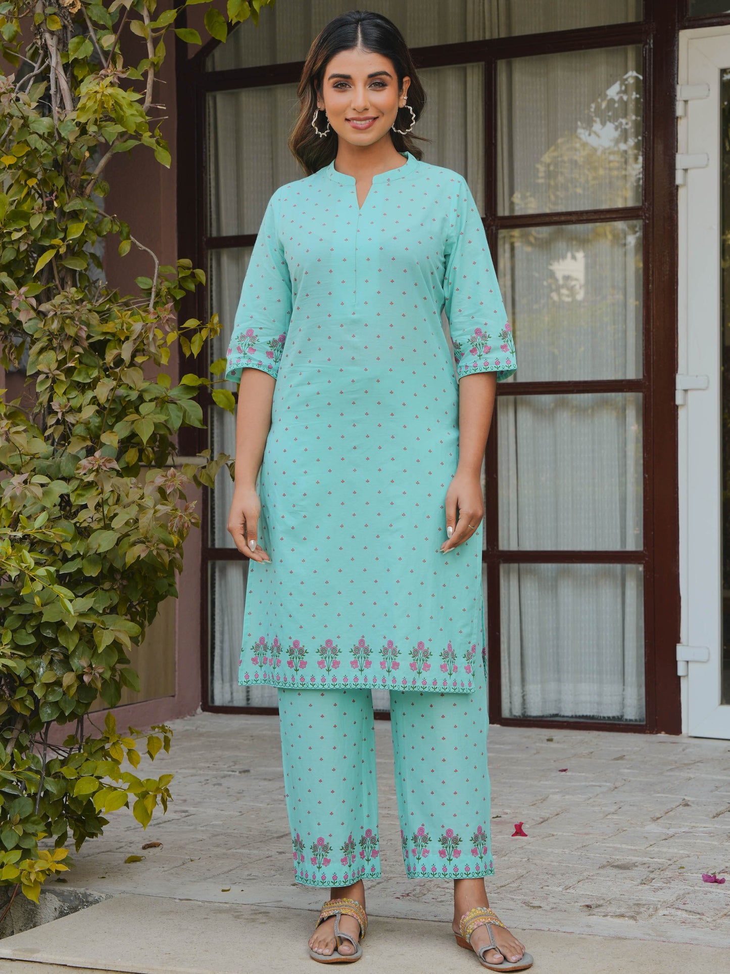 Soft Cotton Floral Straight Mint Green Kurta