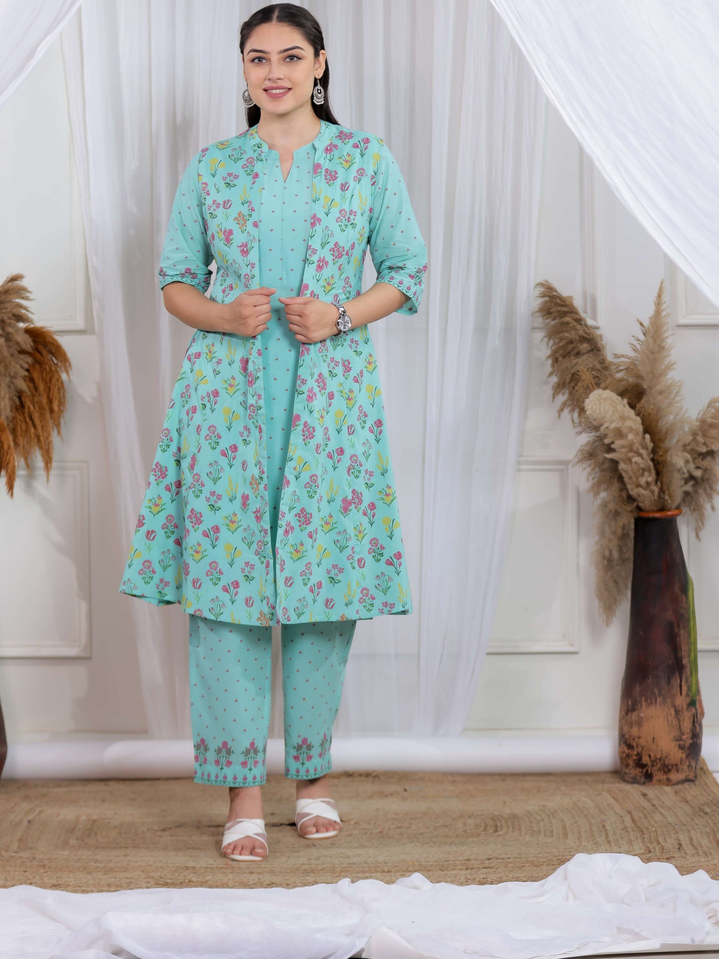 Soft Cotton Floral Straight Mint Green Kurta