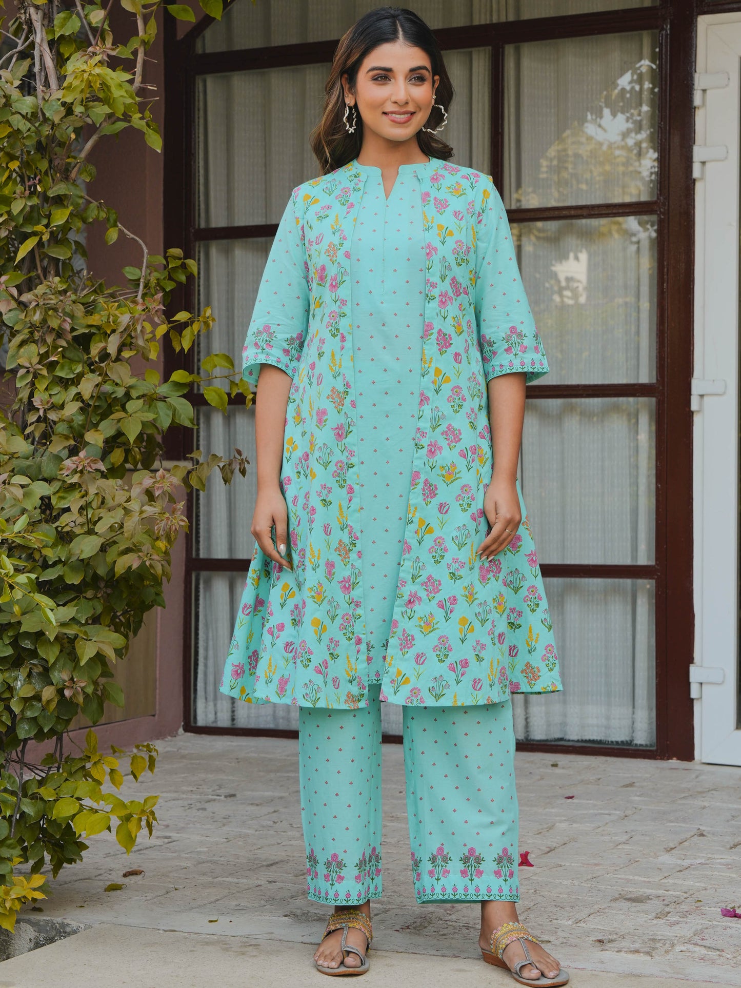 Soft Cotton Floral Straight Mint Green Kurta