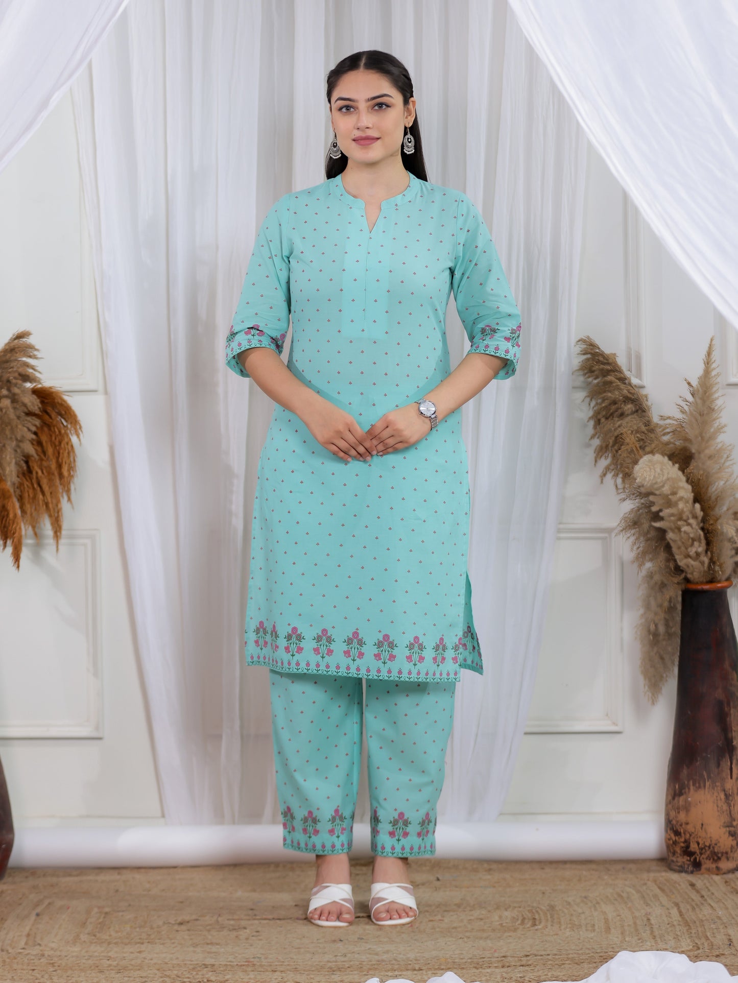 Soft Cotton Floral Straight Mint Green Kurta