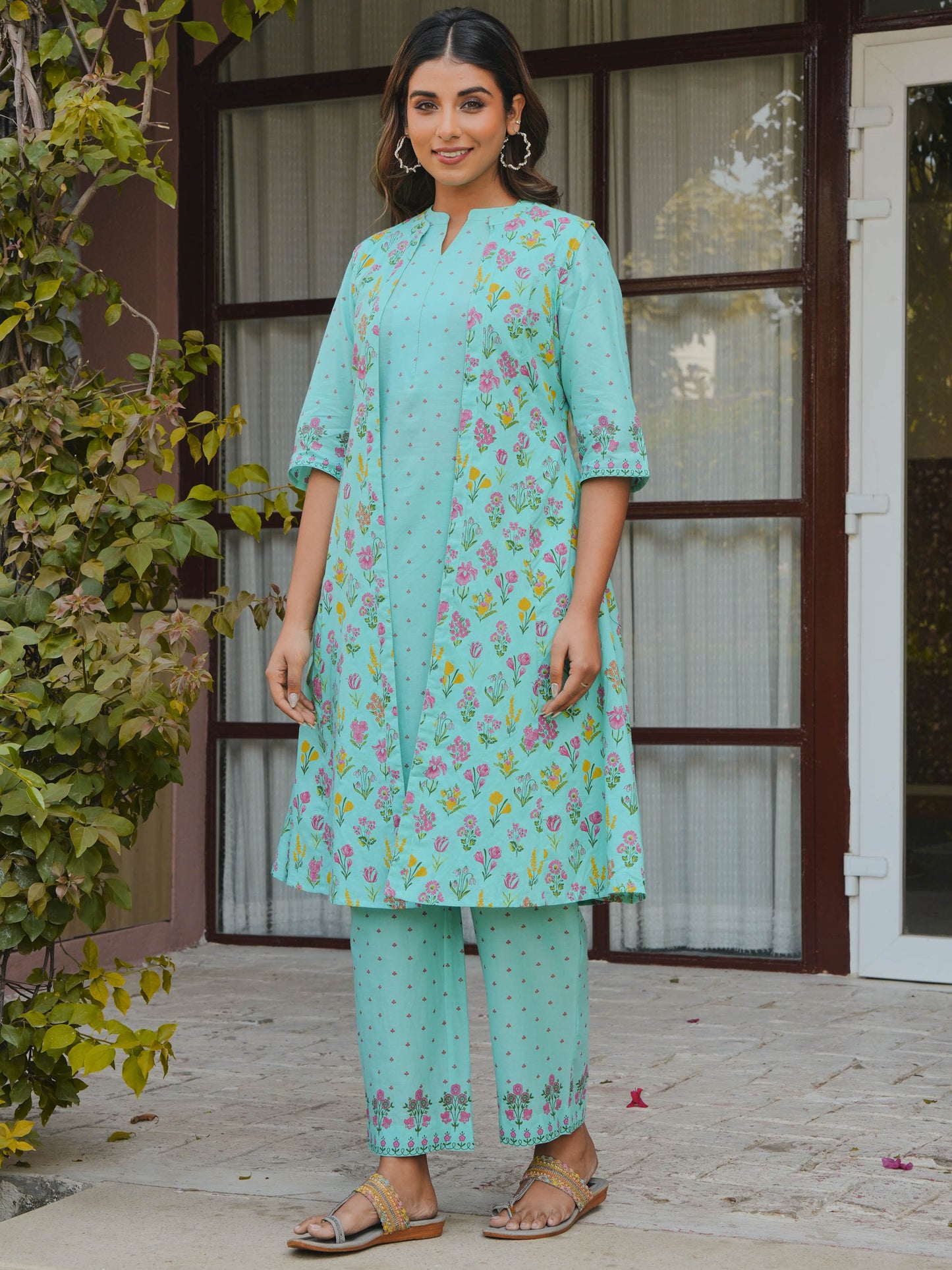Soft Cotton Floral Straight Mint Green Kurta