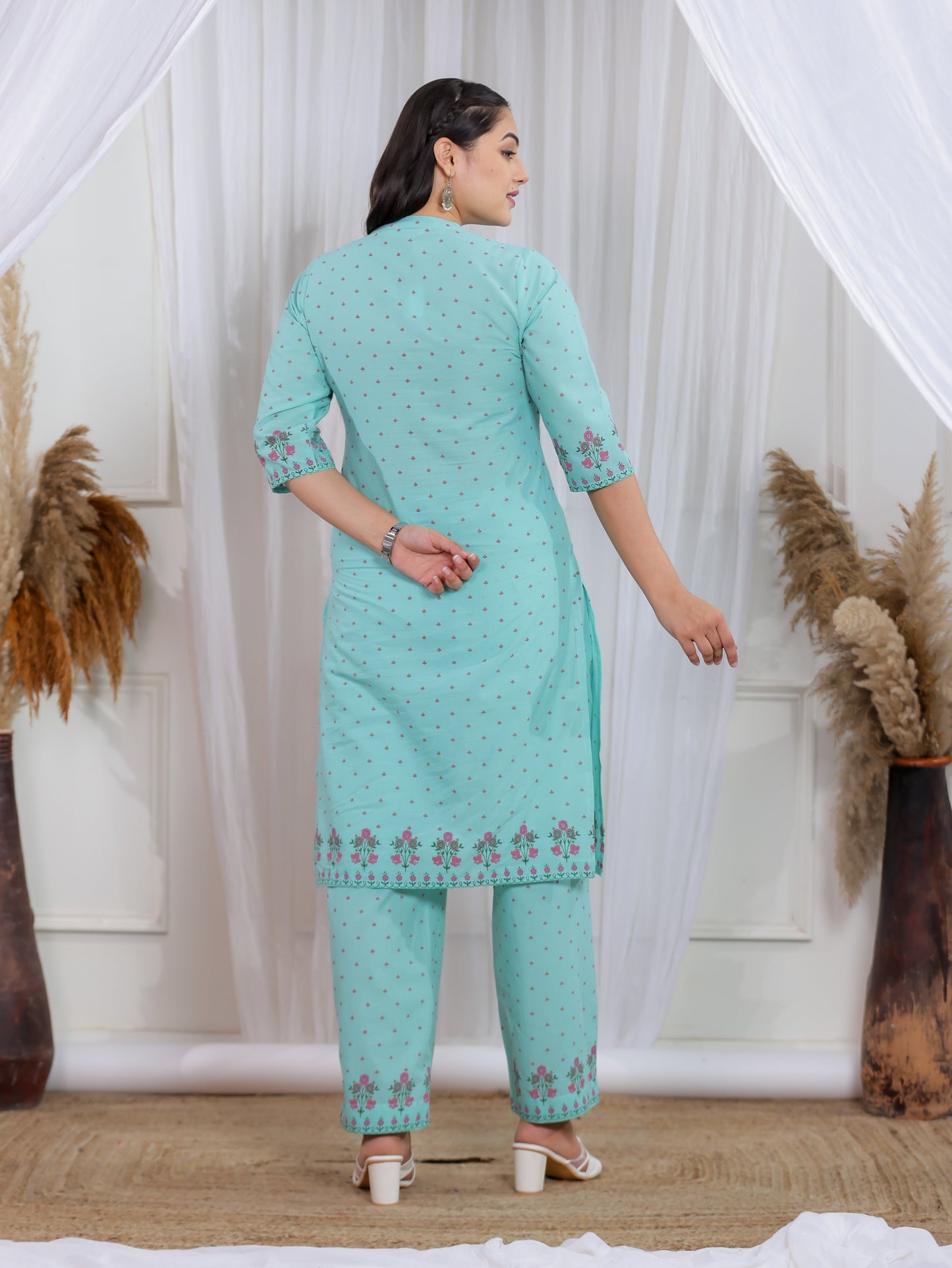 Soft Cotton Floral Straight Mint Green Kurta