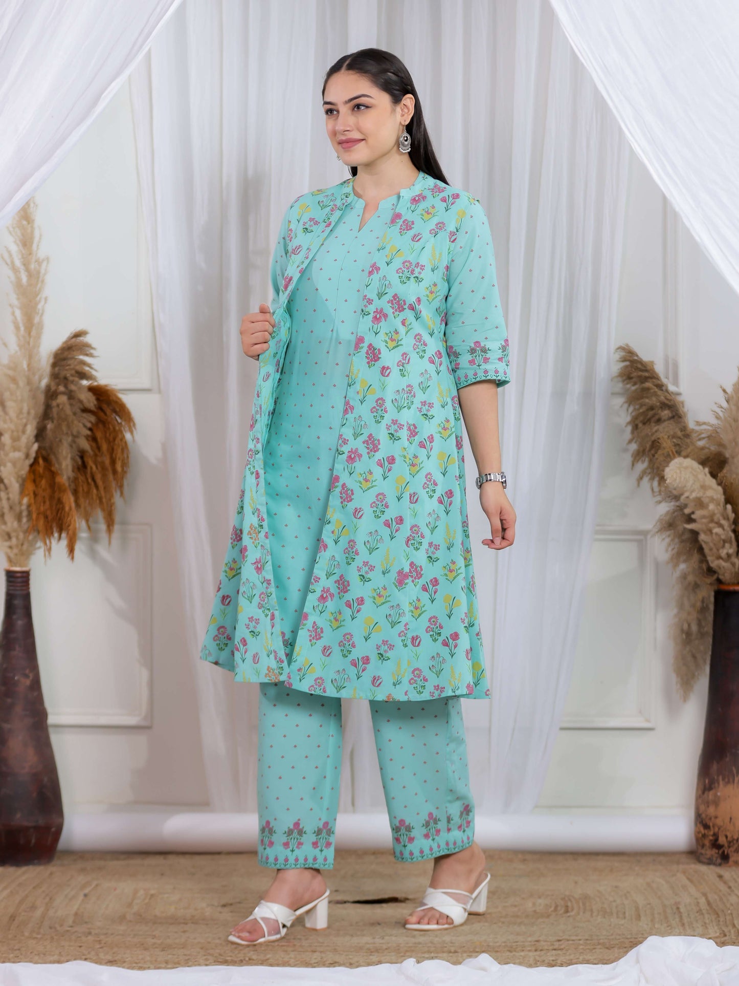 Soft Cotton Floral Straight Mint Green Kurta