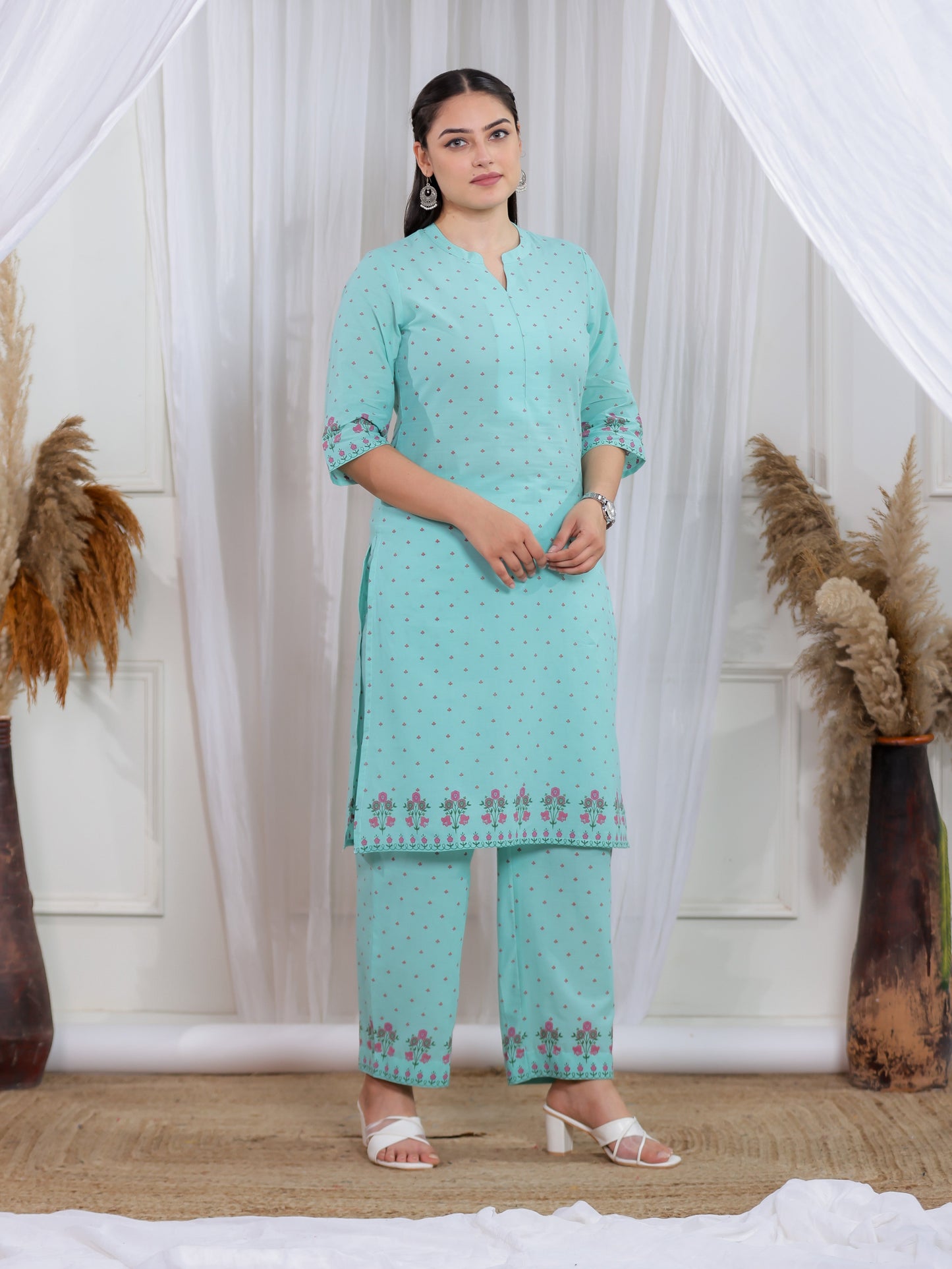 Soft Cotton Floral Straight Mint Green Kurta