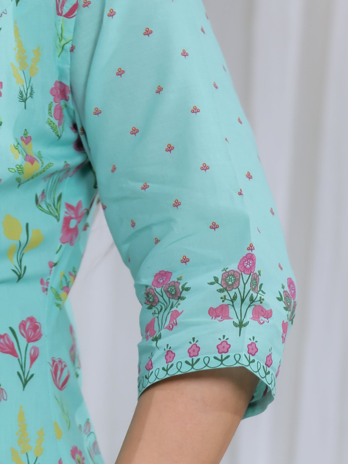 Soft Cotton Floral Straight Mint Green Kurta