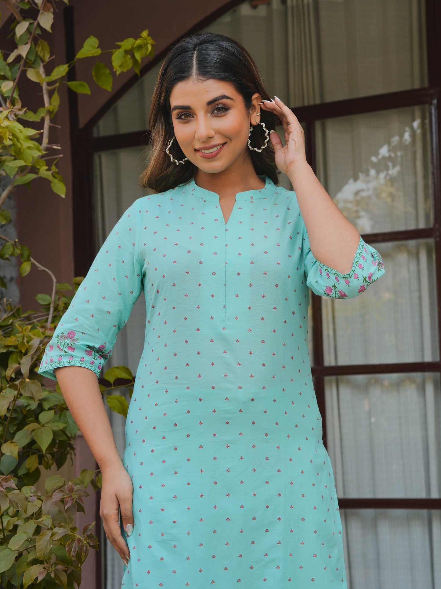 Soft Cotton Floral Straight Mint Green Kurta