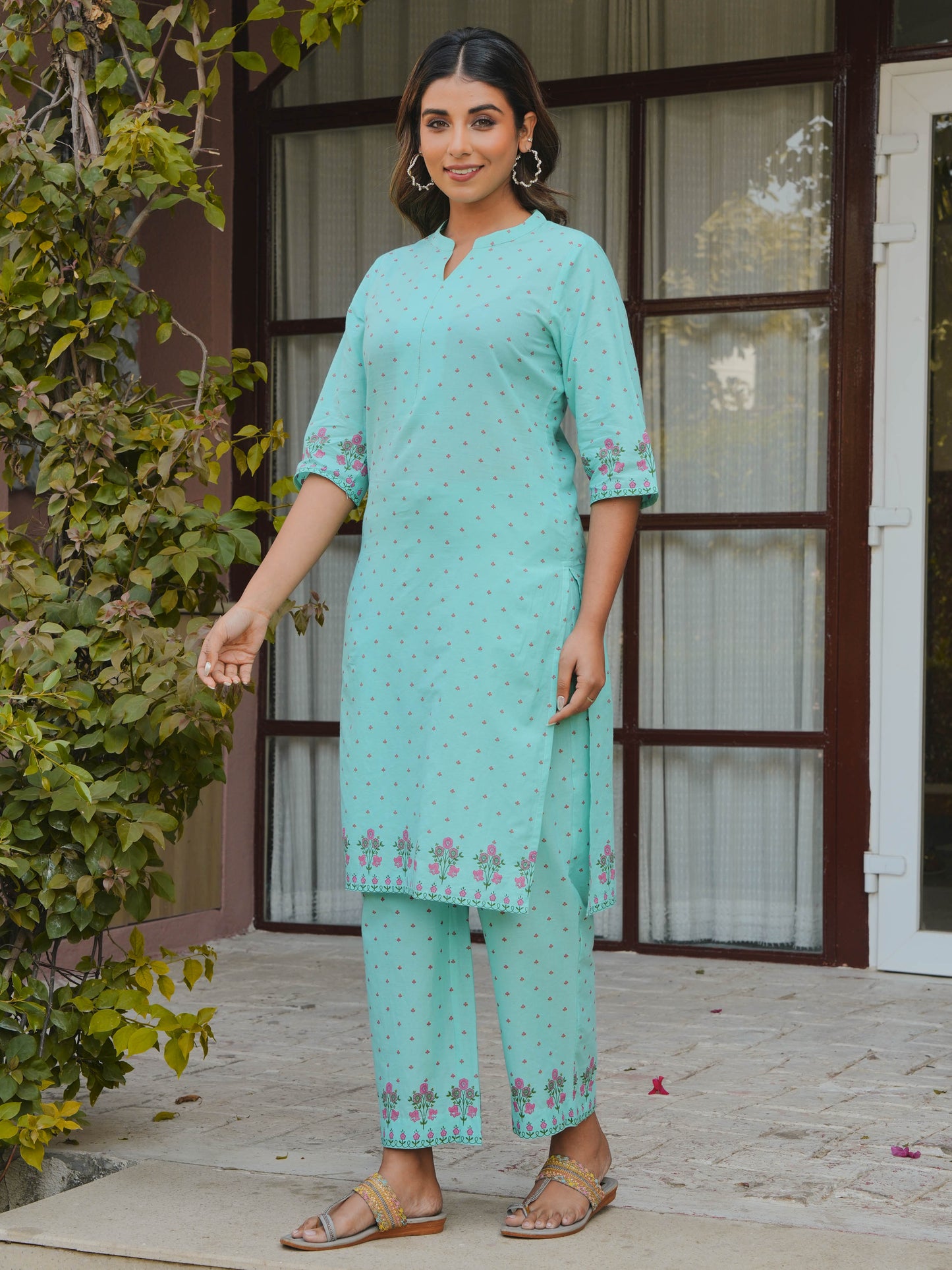 Soft Cotton Floral Straight Mint Green Kurta