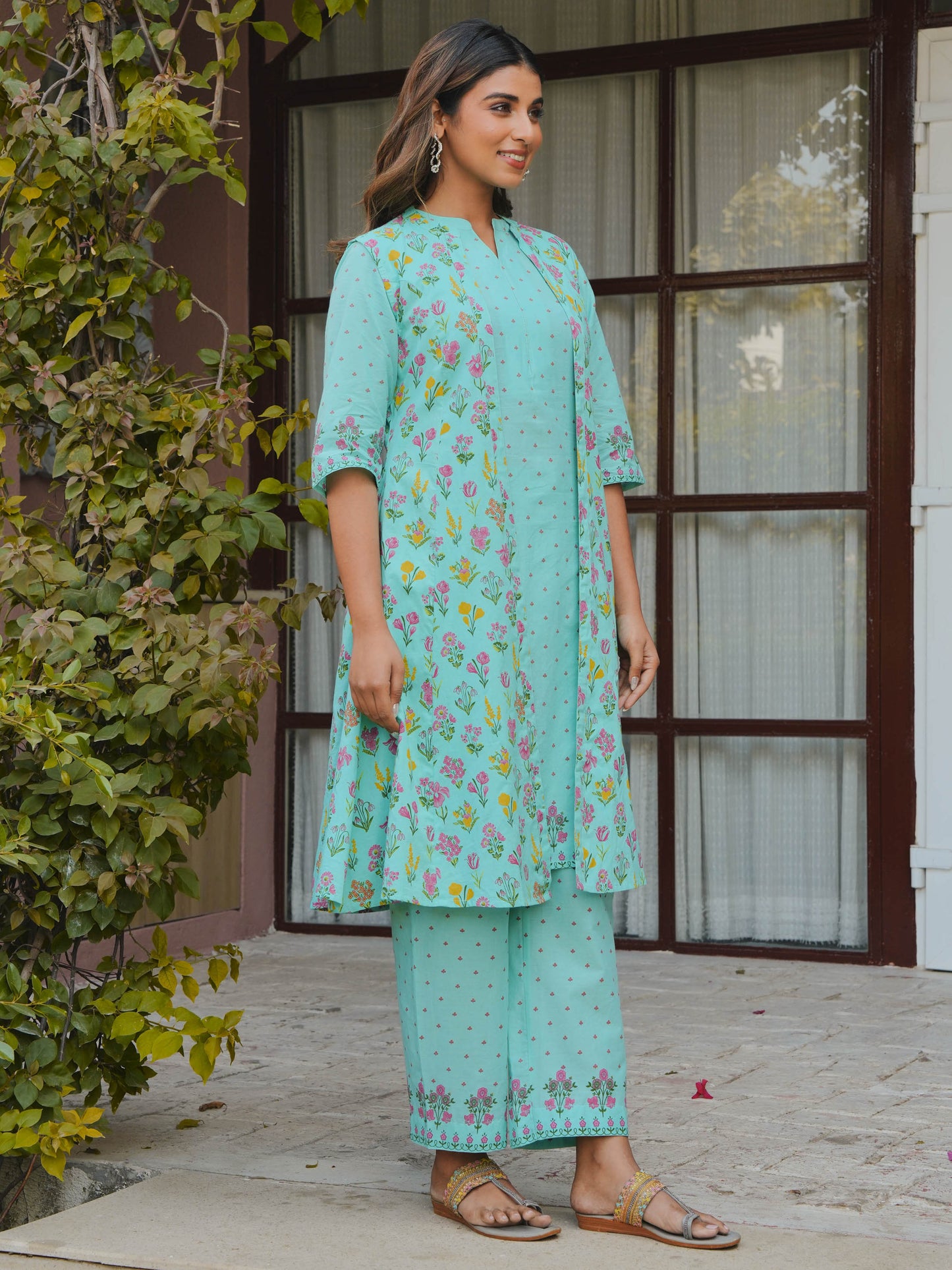Soft Cotton Floral Straight Mint Green Kurta