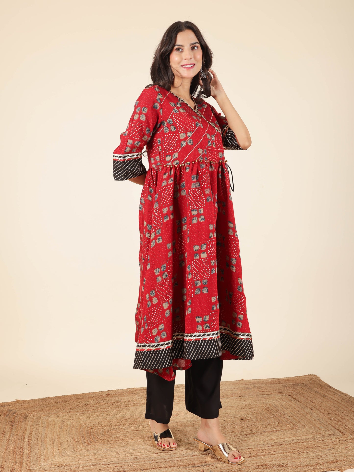 Muslin Bandhani Angrakha Red Kurta